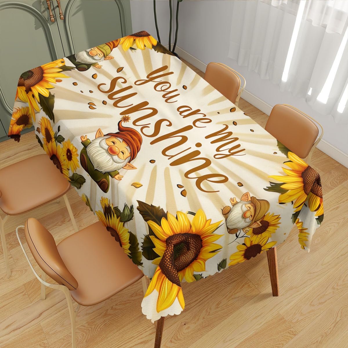 TLCBFF Sunflower Decorative Rectangle Tablecloth Cute Elf Gnomes You are My Sunshine Rectangle Polyester Table Cloths Kitchen Table Cover for Dining