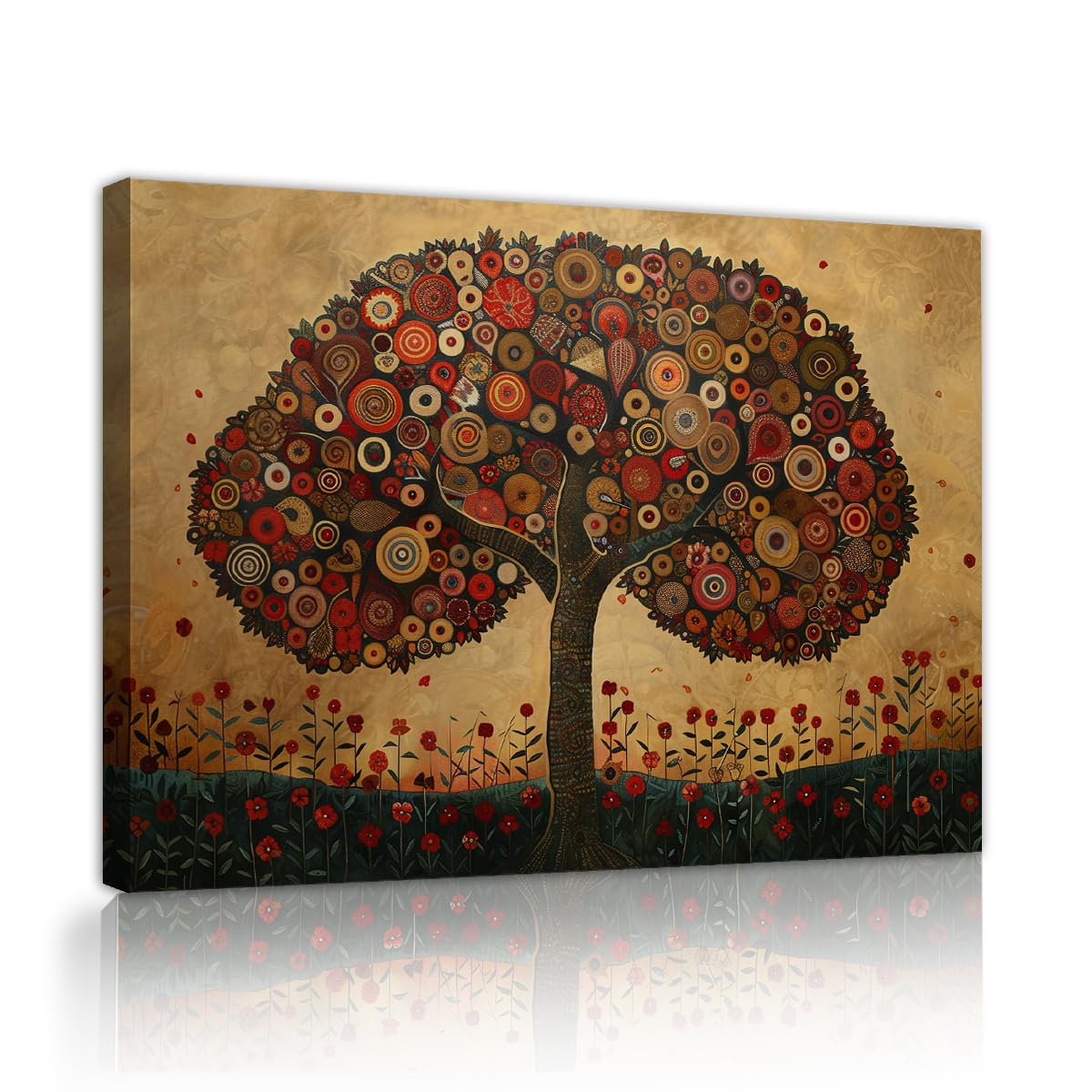 Via Vela Tree Of Life Framed Canvas Wall Art Gustav Klimt Style Golden Red Spiral Circle Flower Painting Vintage Landscape Picture Artwork For Living Room Bed Headboard 70x105cm