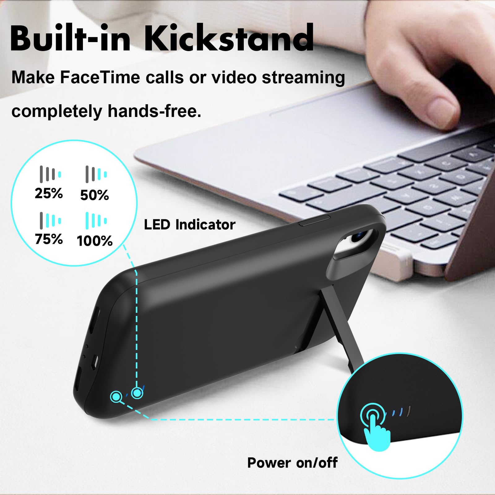 Cover Batteria per iPhone XR (6,1"), 8500mAh Custodia Batteria Protettiva a 360° per Caricabatterie Portatile con Supporto, Powerbank Portatile Ricaricabile ed Espandibile per iPhone XR (Nero)