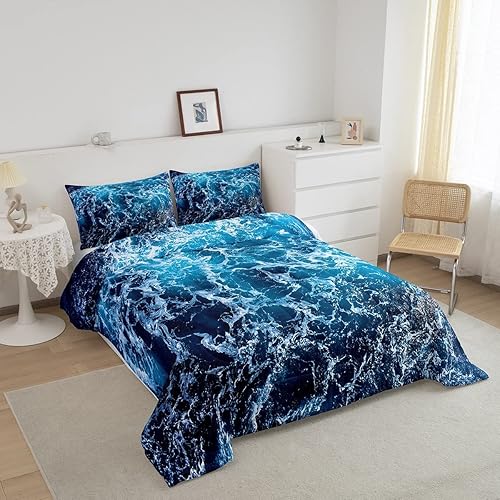 Miniatura 2 de Erosebridal Juego de edredón de olas azules, tamaño Queen, ropa de cama con estampado de mar y océano, juego de edredón náutico de grano de agua