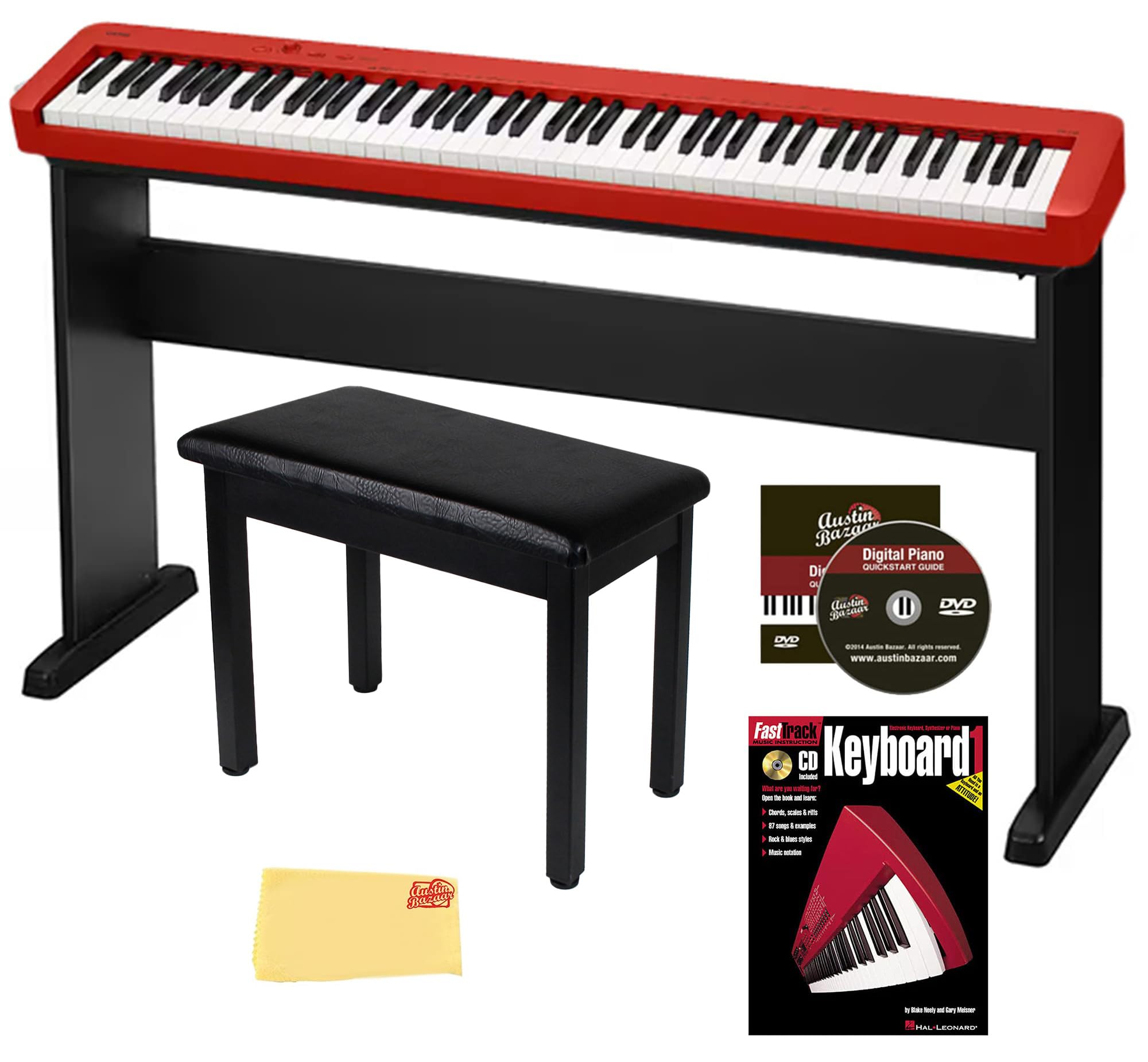 Casio CDP-S160 88-Key Compact Digital Piano - Red Bundle with CS-46 Stand, Furniture Bench, Instructional Book, Online Lessons, Austin Bazaar Instructional DVD, and Polishing Cloth