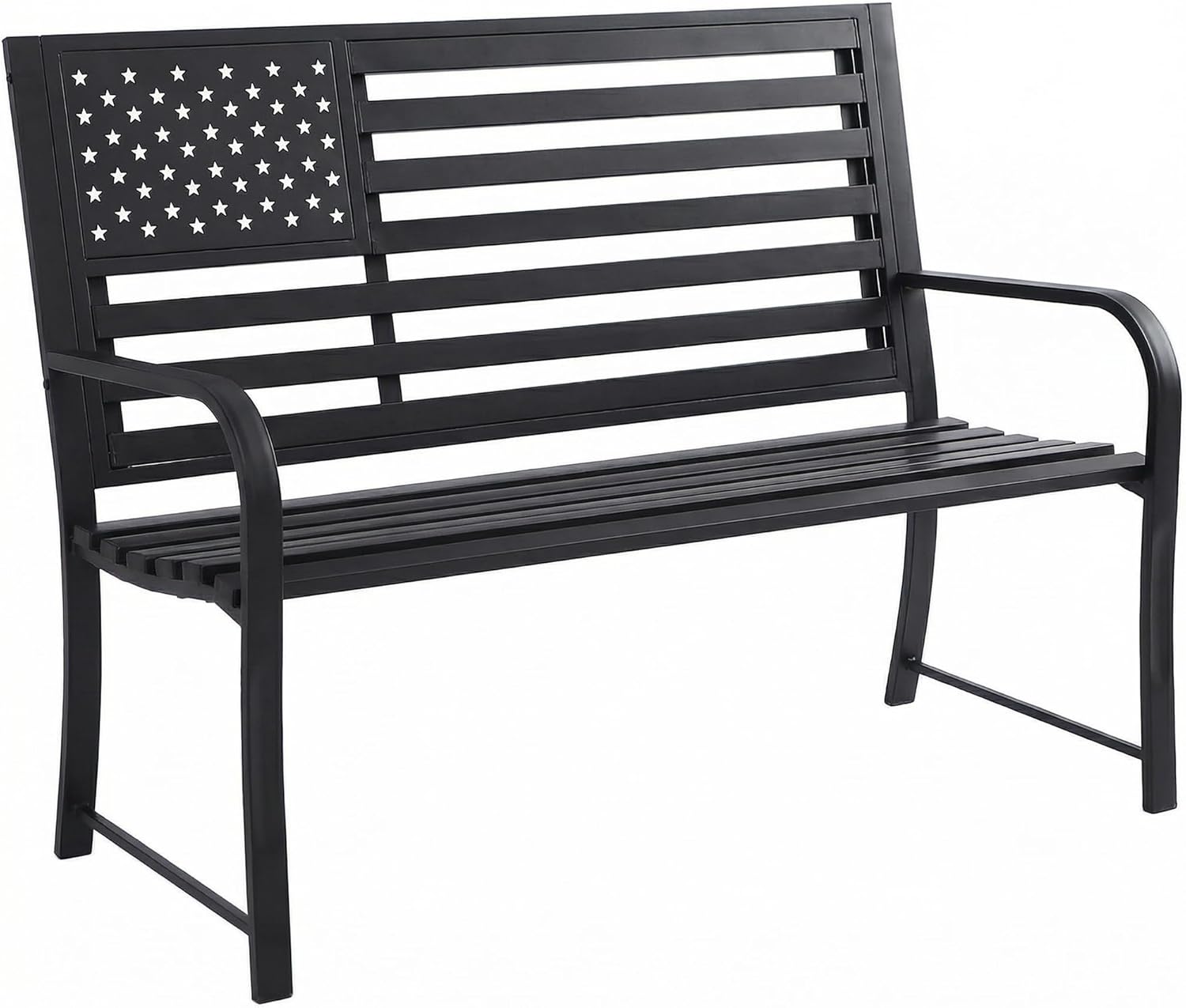 50" Garden Bench Outdoor Bench with American Flag Style, Cast Iron Metal Frame Sturdy Patio Park Bench Arch Legs for Porch,Lawn,Garden,Yard (Black)