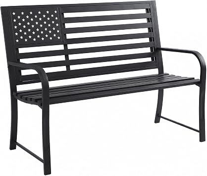 50" Garden Bench Outdoor Bench with American Flag Style, Cast Iron Metal Frame Sturdy Patio Park Bench Arch Legs for Porch,Lawn,Garden,Yard Black