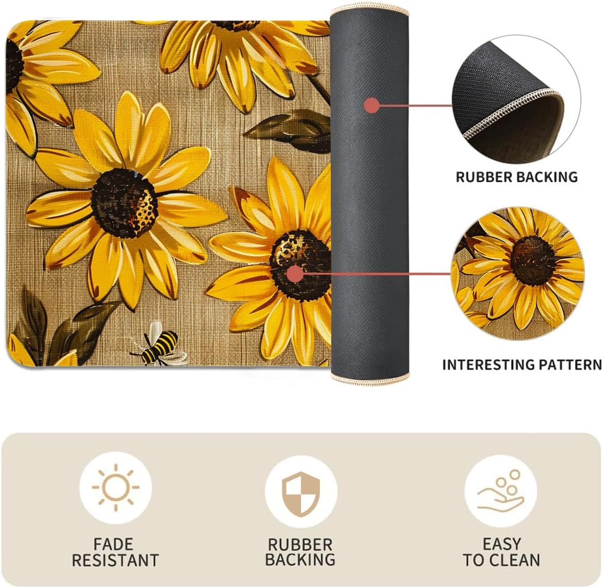 Sunflower Kitchen Rugs Set of 2 - Farmhouse Country Washable Non-Slip Linen Floor Mats(17.7''x29.5''+17.7''x47'') - Kitchen Mats for Home Office Bedroom Bathroom Laundry