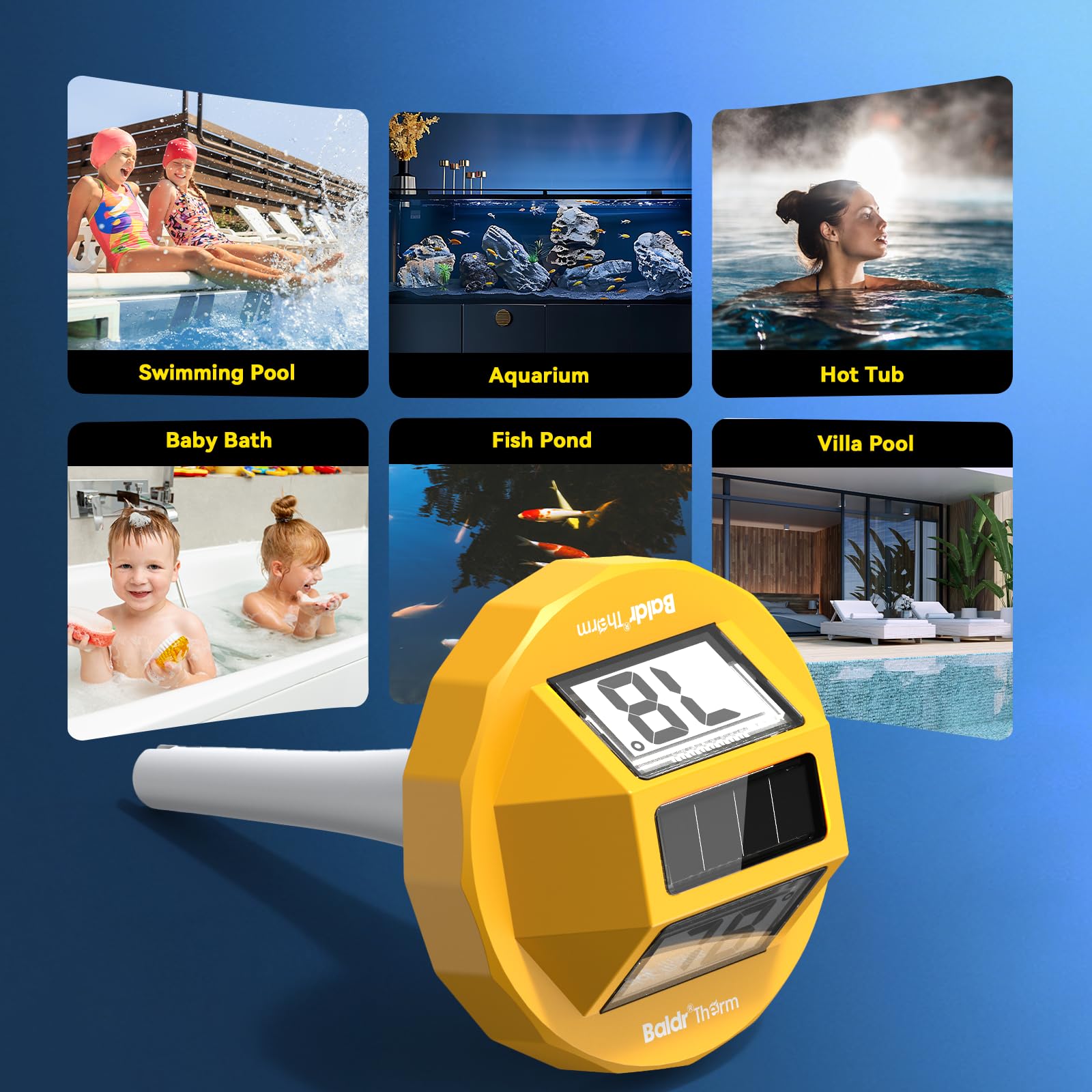 Termómetro de piscina solar digital flotante, pantalla grande de alta precisión sin empañamiento con pantalla de doble cara para piscina, acuario, spa, aguas termales, estanques (amarillo)