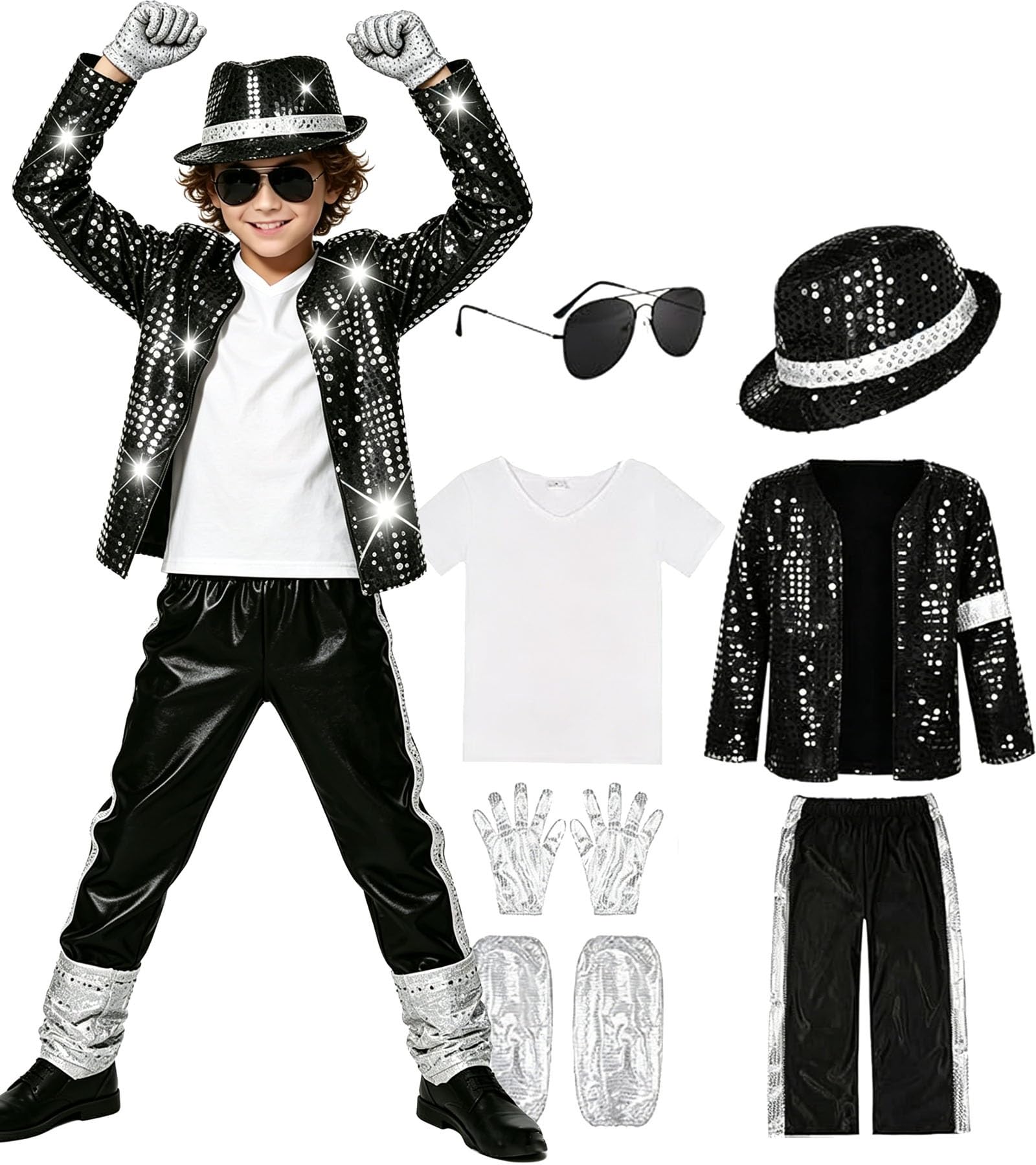 7PCS Pop Star Halloween Costume Set 80s 90s Retro Disco Stage Outfit Fancy Dress Outfit Black Sequin Jacket, Pants, Hat, Gloves for Halloween Party Stage Performance(160 (14-15 years))