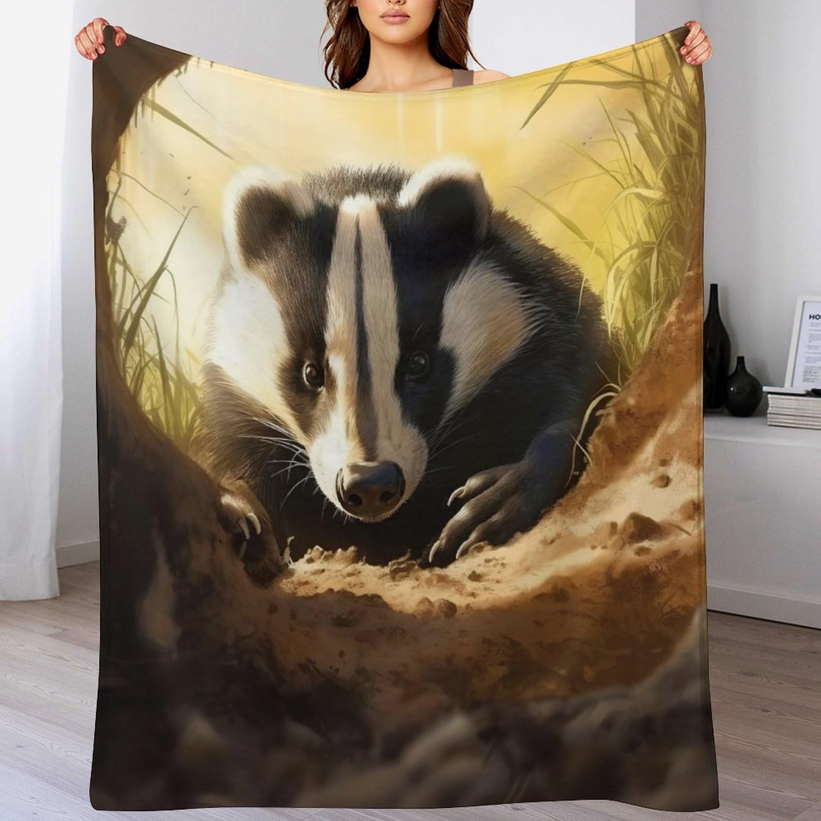 Couverture polaire plaid Blaireau 130x180cm jeté de lit et canapé en peluche