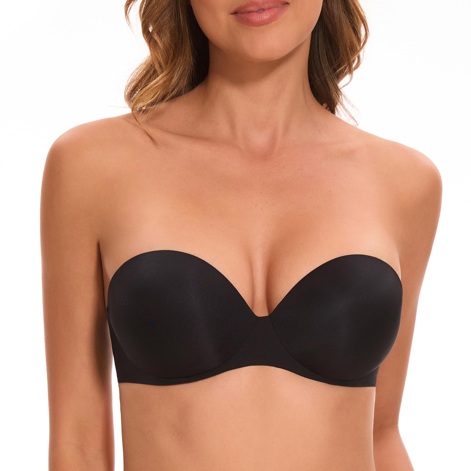 Womens Strapless Bra Push Up-Non Slip Invisible Padded Balconette Underwire Low Back Multiway Bandeau Bra for Comfort Lift