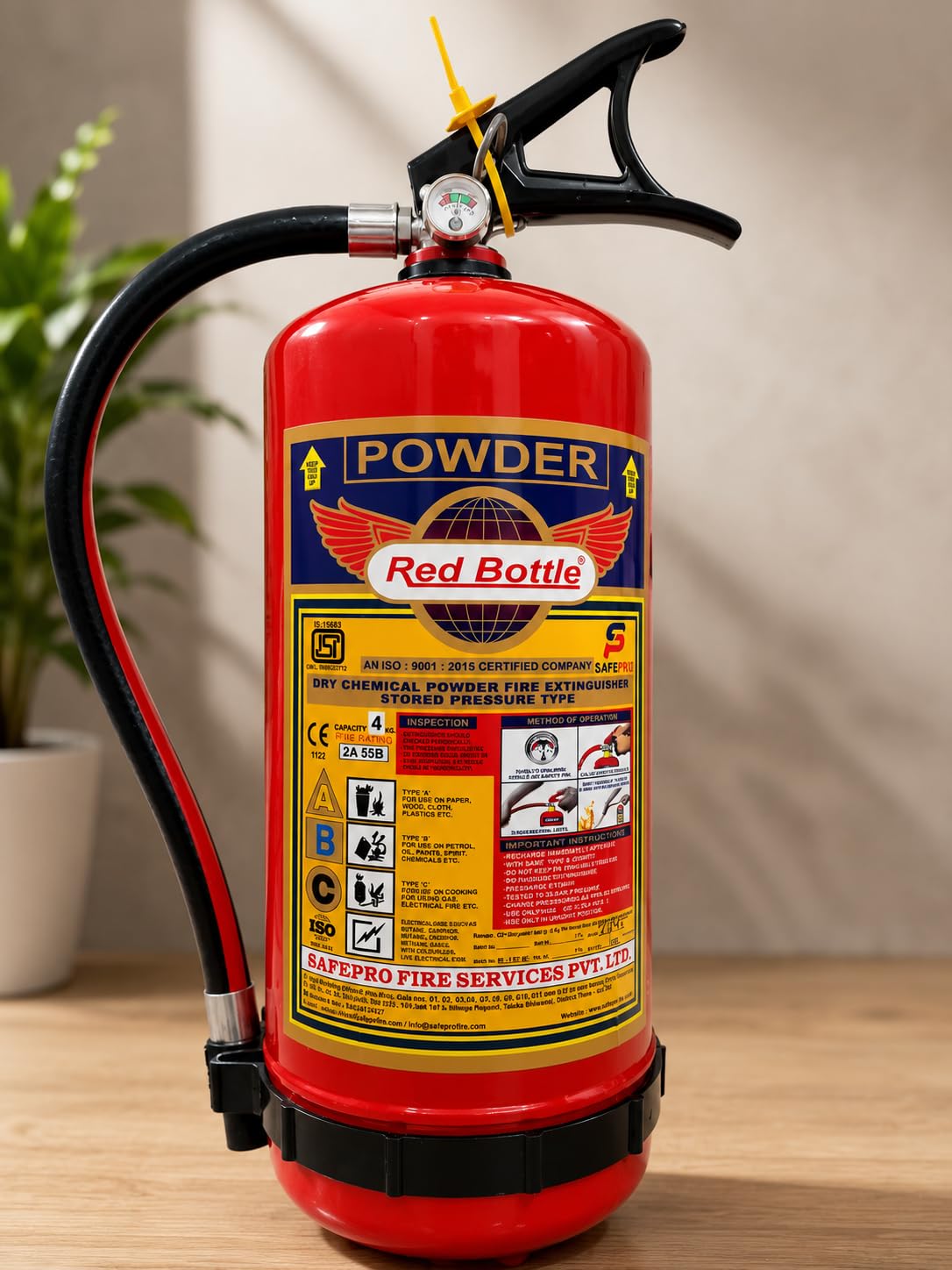 Red Bottle Dry Chemical Powder Fire Extinguisher, 4 kg | ABC Class Fire Rated, Stored Pressure Type, 2A 55B Fire Rating, ISO 9001:2015 Certified, Nitrogen Propellant-picture-15