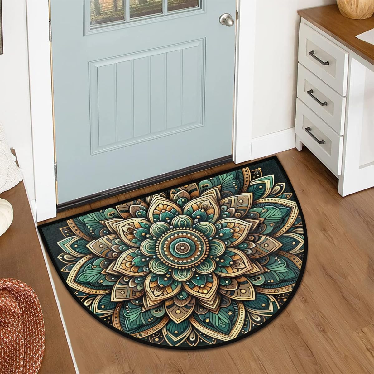 Felpudo semicircular Estilo Mandala Bohemio, Alfombra semicircular