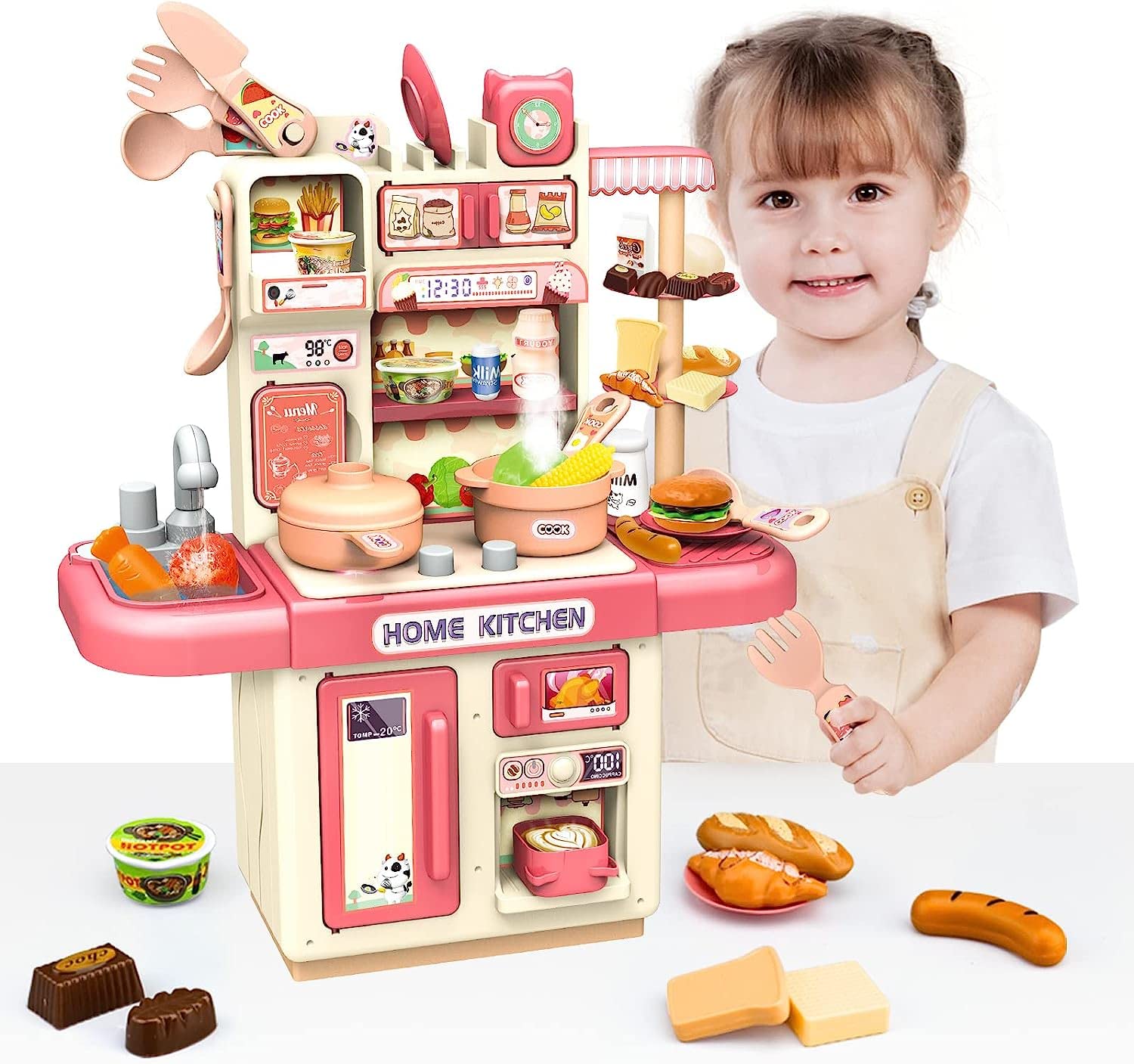 Play Kitchen Playset With Pretend Food - Kids Toy Accessories Set, Realistic Steam & Light, Cutting Play Food for Girls Boys