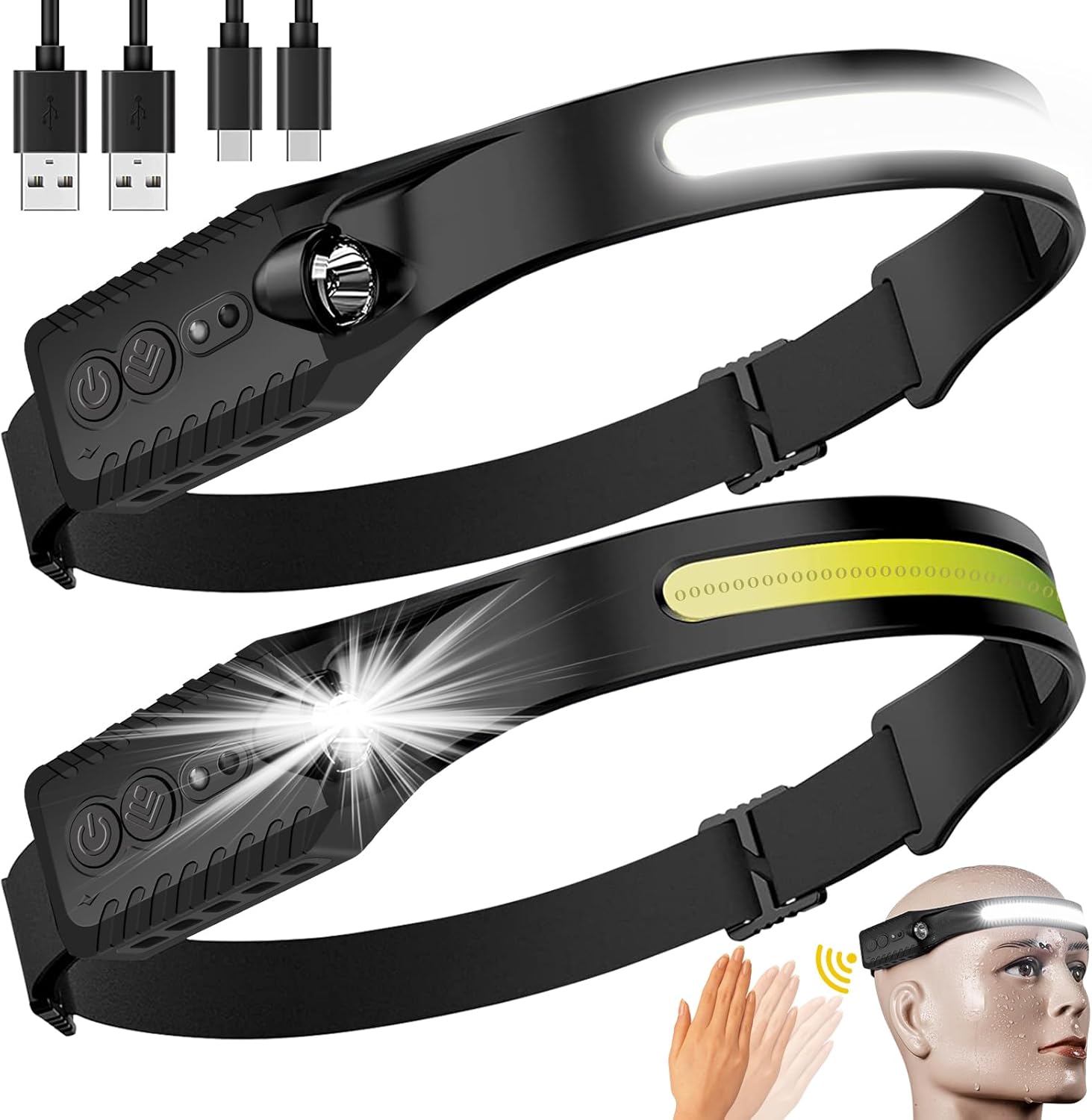 Rechargeable COB 230° LED Headlamp 2-Pack | Motion Sensor, 5 Modes for Running, Camping, Fishing, Cycling