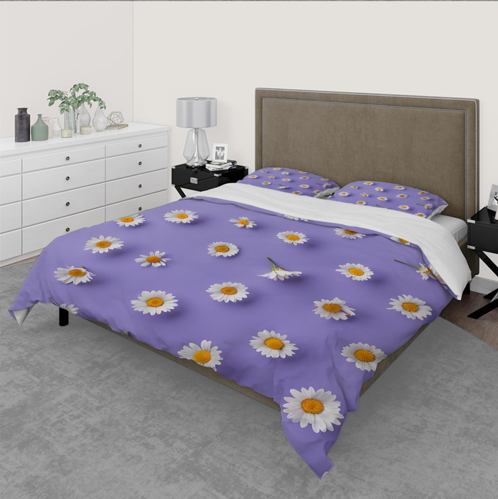 Comfort Purple Komplet pościeli, 3 sztuki, elegancka, piękna, biała, stokrotka, 2 poszewki na poduszkę na cały sezon, Home Decor 220 x 240 cm