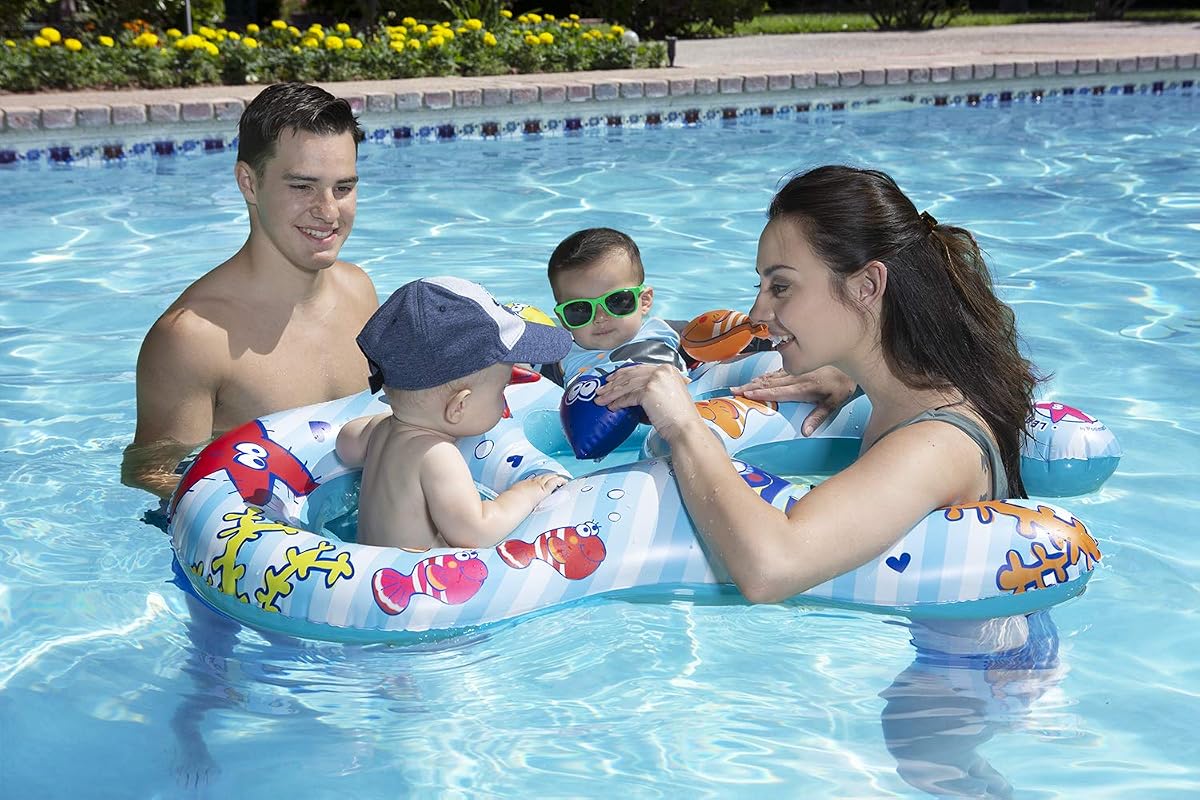 Poolmaster Mommy & Us Dual-Child Baby Pool Float, Ages 8-24 Months | Two-seat baby pool float for siblings or twins, with adult ring opening, sea friends and easy setup for supervised pool time