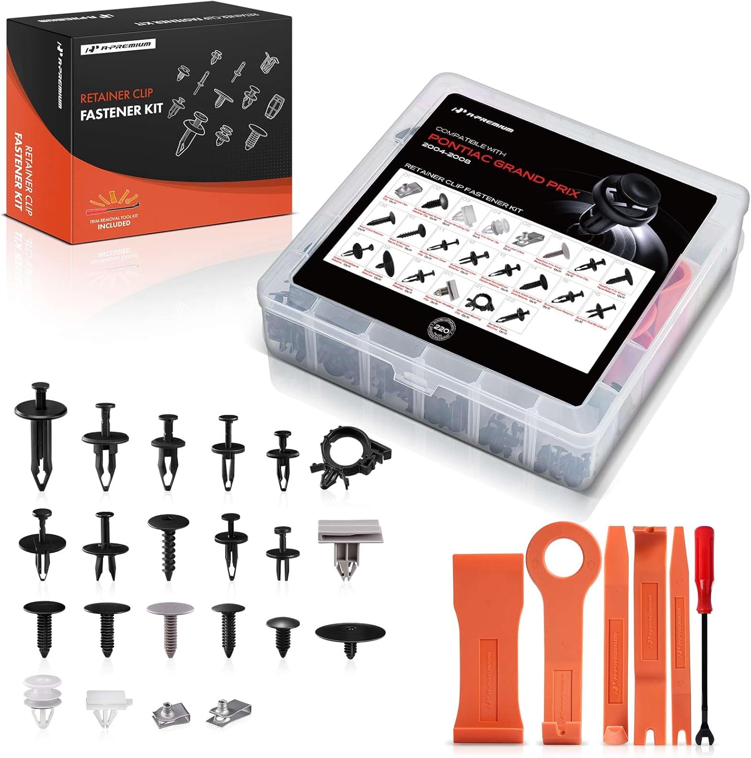 A-Premium 220PCS (22 Sizes/53 oz) Bumper Fender Retainer Clips Kit - Compatible with Pontiac Grand Prix 2004-2008 - Hood Door Trim Panel Push Pin Plastic Nylon Rivet Fastener Set, w/Removal Tool