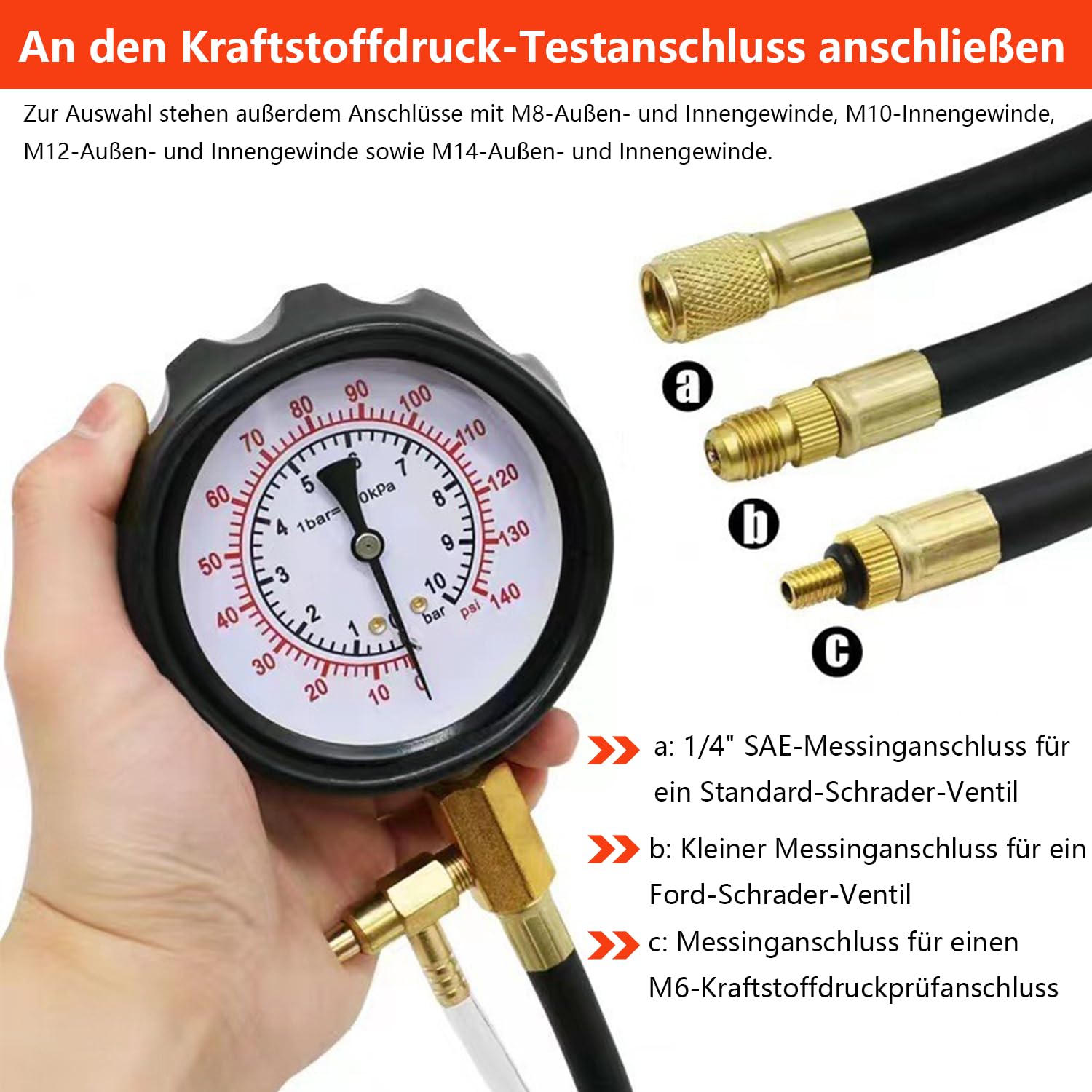TU-114 - Tester per la pressione del carburante, con adattatore, pompa del carburante, tester di pressione benzina, auto, camion, moto, strumento diagnostico