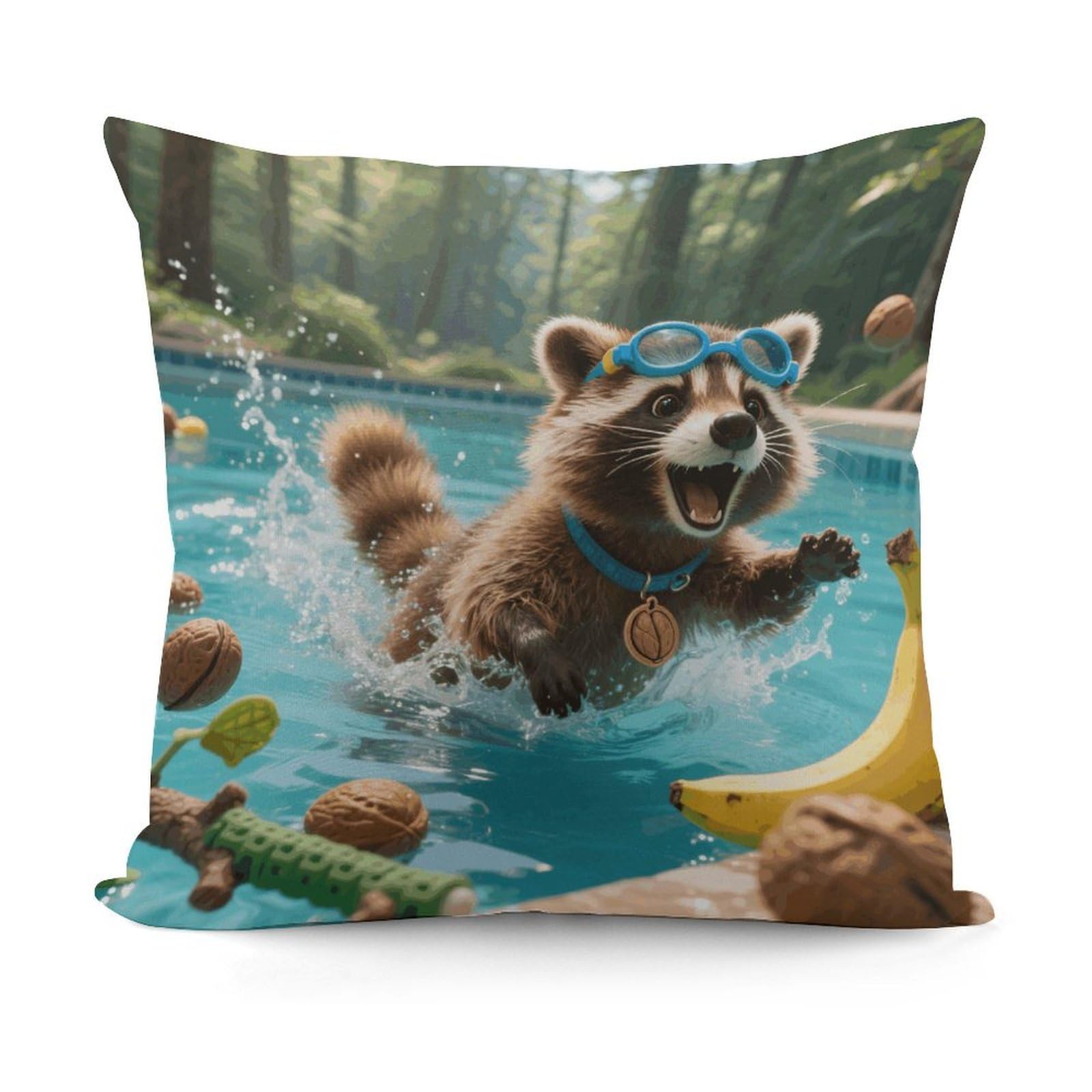 VstaDank Raccoon Pool Dash Pillow Cover with Invisible Zipper Square Throw Pillowcase Plush Couch Sofa Pillow Case 18x18 Inch Decorative Throw Cushion Covers for Sofa Living Pillowcover