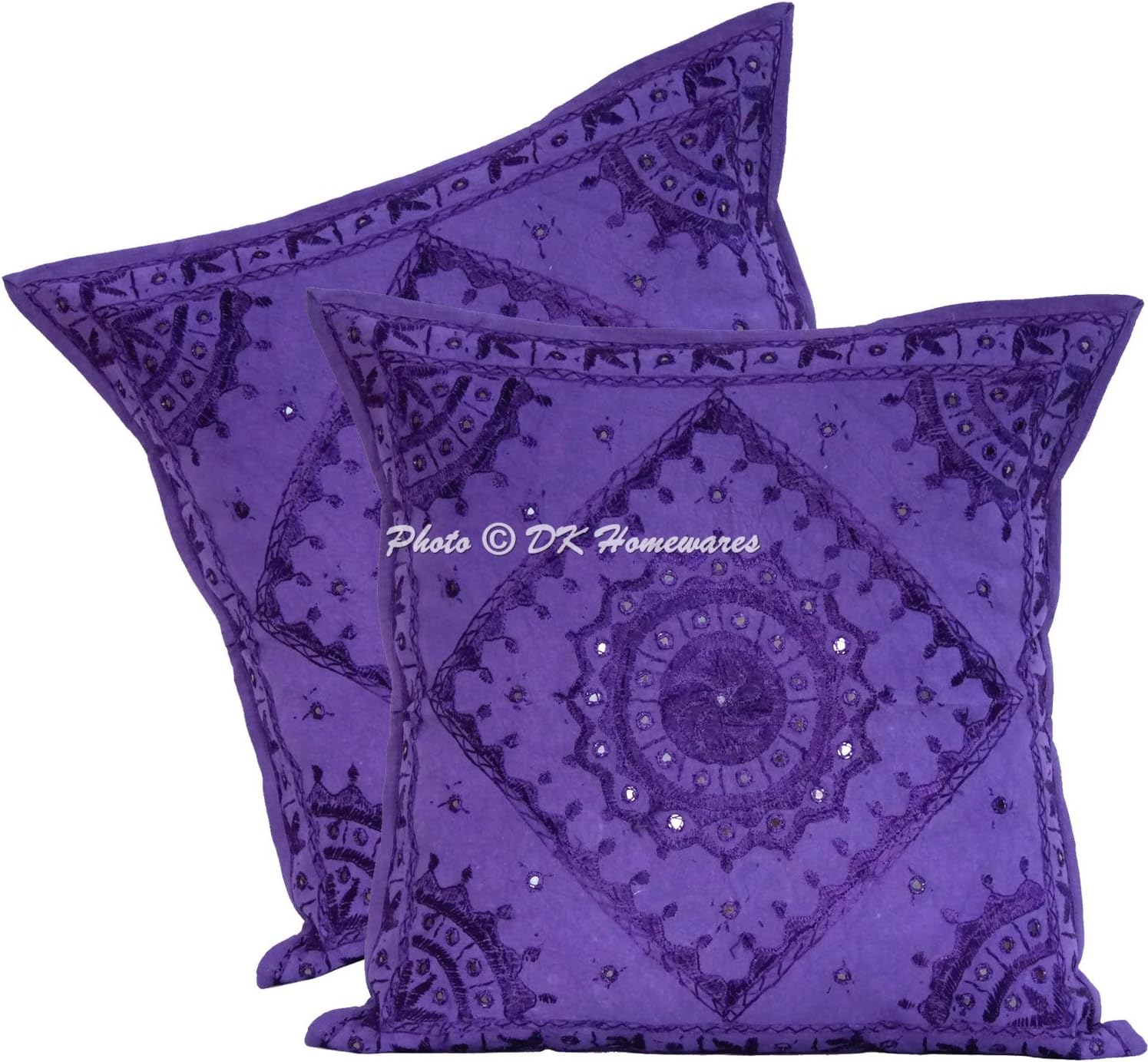 Boho Decorative Accent Throw Pillow Covers 24 Inch Cotton Embroidered Bohemian Ethnic Square Sofa Cushion Covers (Size - 60x60 cm ; Color: Purple) - Set of 2 Pcs (Cover Only)