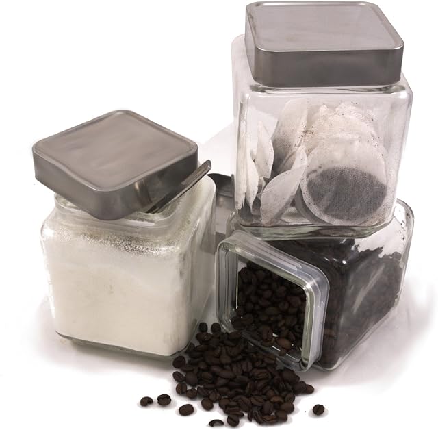 Chef-hub Set of 3 Square 1300ML Glass Storage Jars Canister Size/Ideal for Tea, Coffee, Sugar, Biscuits