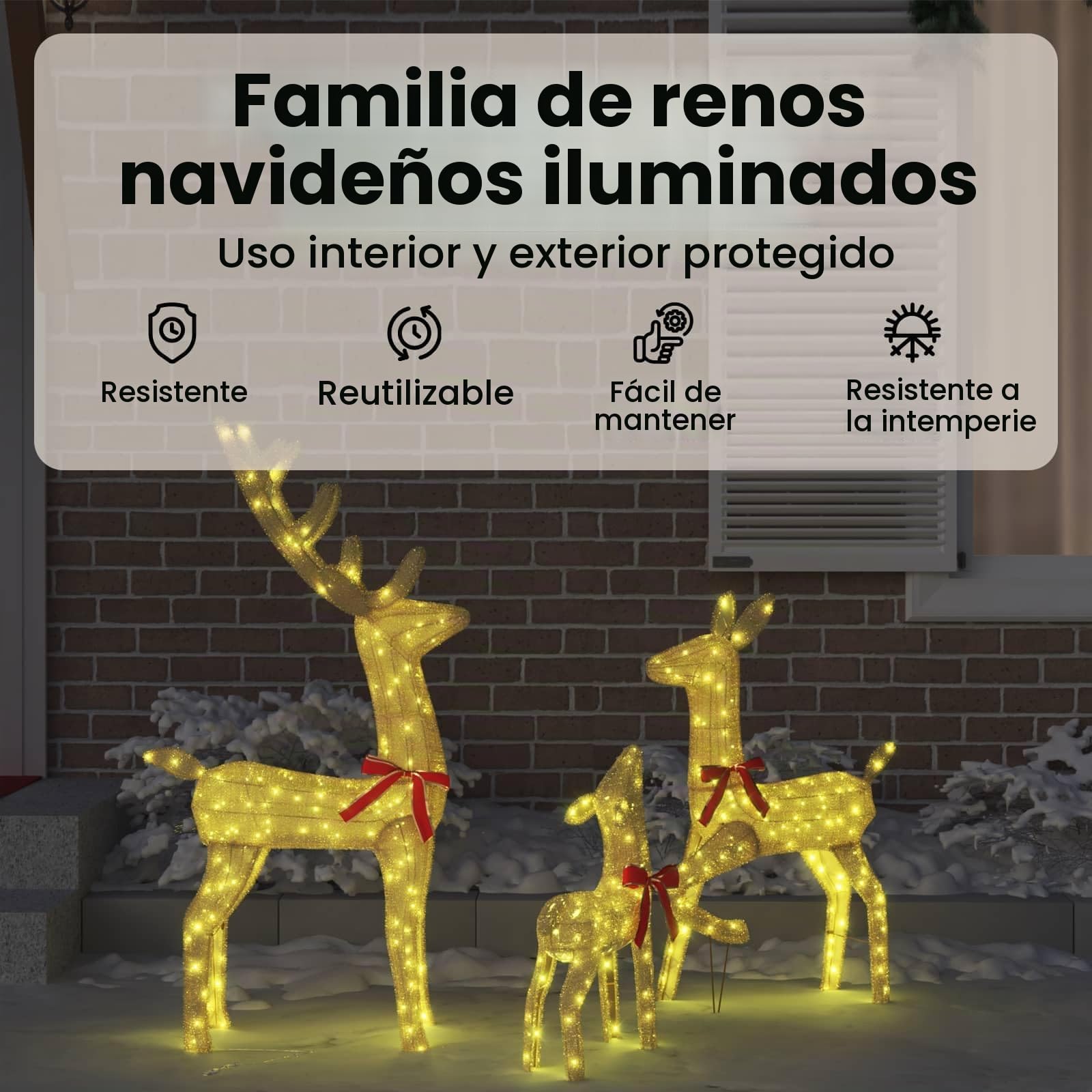 vidaXL Familia de Renos con 300 LED 3 pcs cálido 68 x 26 x 127 cm Tela, Sala, decoración Moderna de Renos, Figuras navideñas, luz USB, Adornos Festivos para tu hogar