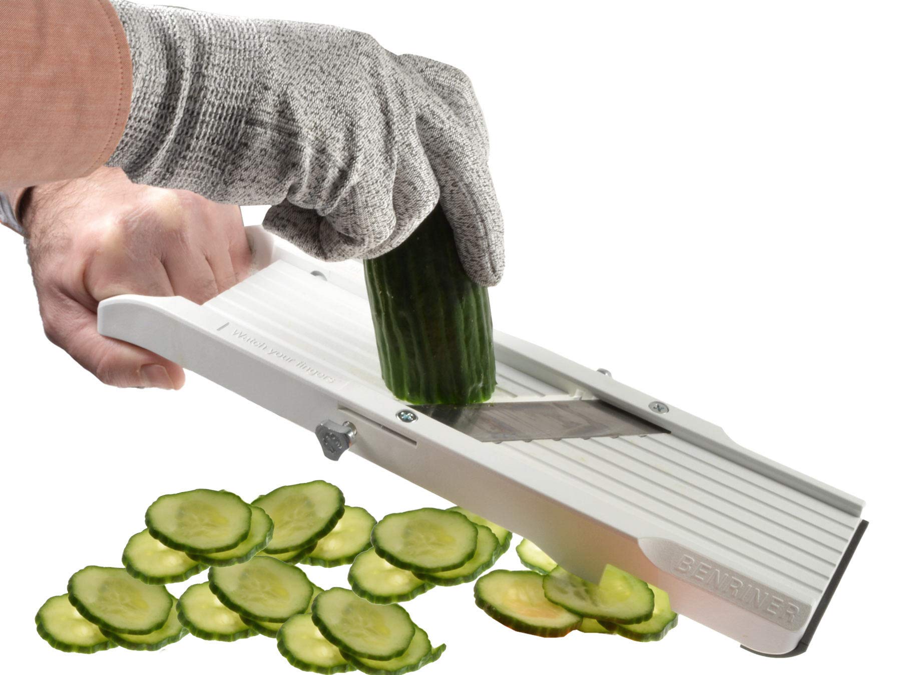 Benriner Mandoline szatkownica do warzyw szatkownica do warzyw 64 mm 95 mm 120 mm biała wraz z ostrzem zapasowym Julienne i ochroną palców bez grawerowania/z grawerunkiem + rękawica ochronna Prymo rozmiar 95 mm, kolor 1) bez grawerowania