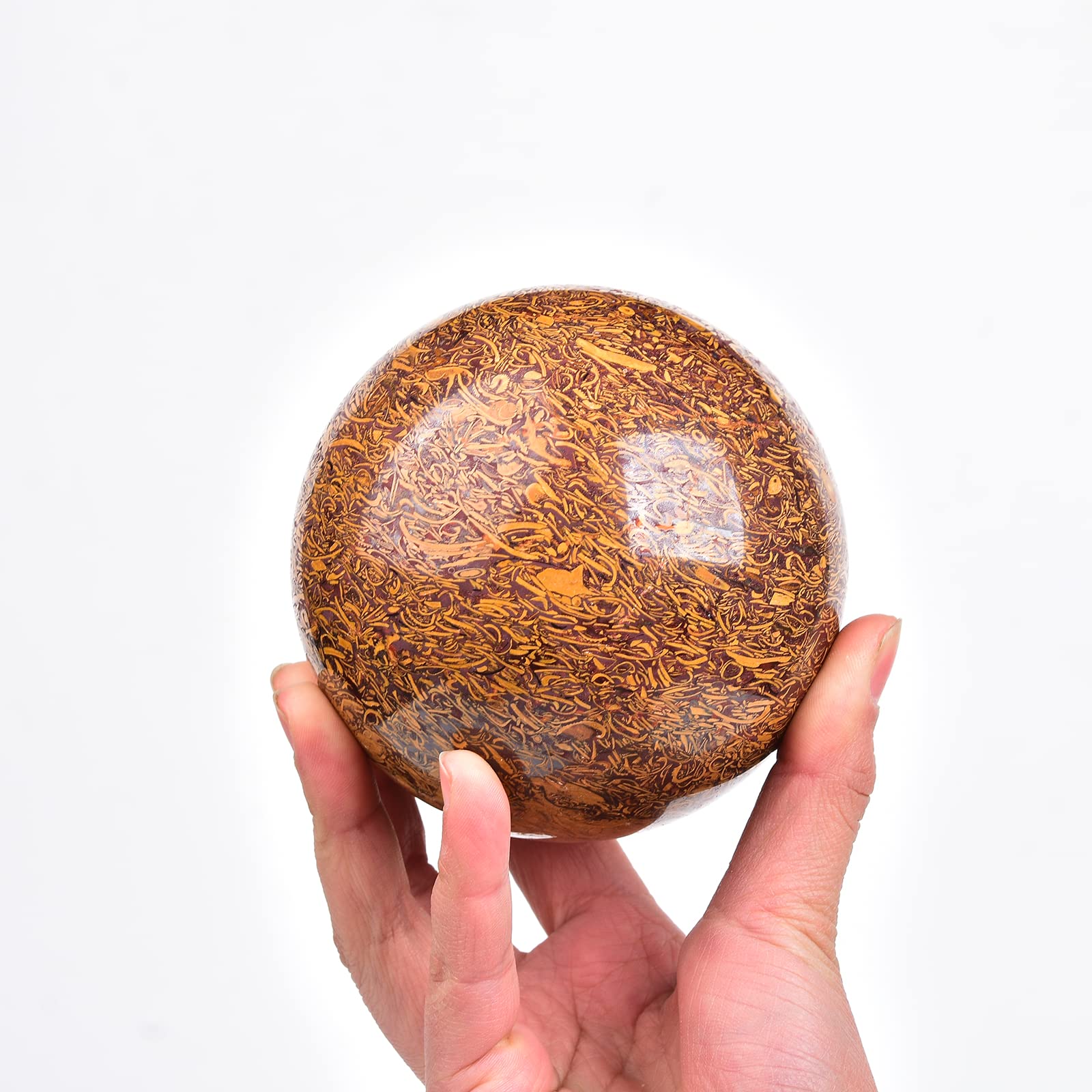 JIC Gem Real Natural Crystal Sphere Ball with Wooden Stand for Fengshui Golden Jade Healing Crystal Ball Decoation Meditation Energy Reiki Ball (90-