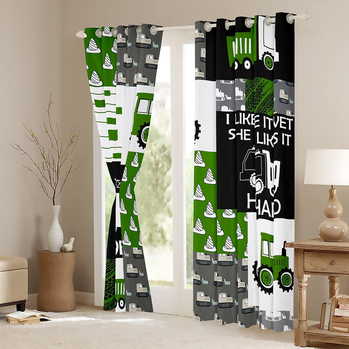 Cortinas de ventana de tractor de cosechadora verde, sueños de construcción para niños, cortinas opacas de coche de dibujos animados (30%-50%) para equipos agrícolas, maquinaria, camión, decoración d