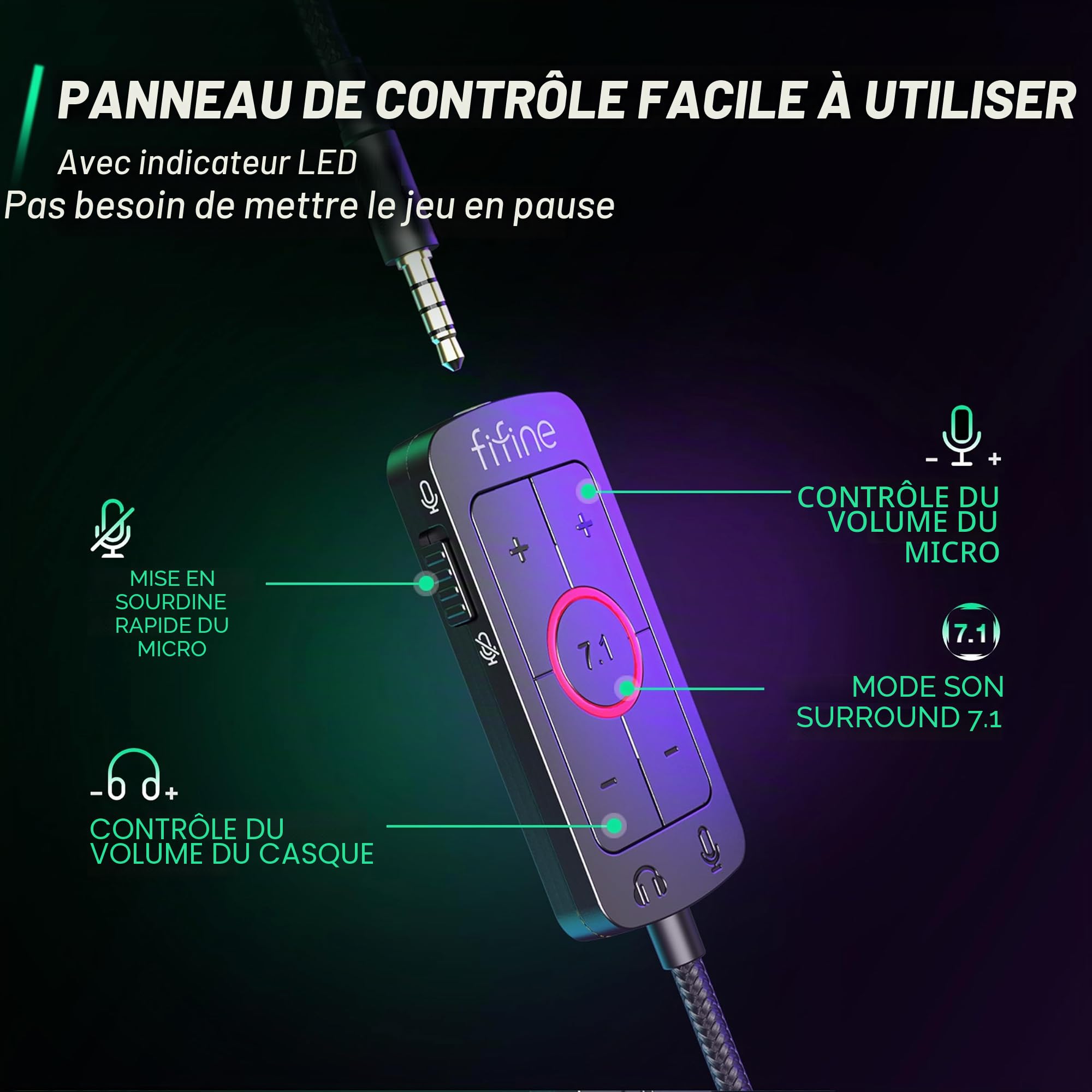 FIFINE Casque Gamer PC, Casque Gaming avec Micro pour PS4 PS5 Xbox Switch, avec Son Surround 7.1, Microphone détachable, boîtier de Commande, Prise Casque 3,5 mm