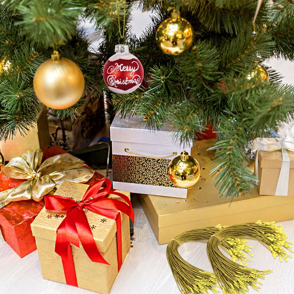 Christmas Hooks for Ornaments, 200 PCS Gold Christmas Ornament String Ribbon Hangers with Snap Hanging Ropes Hooks Cords Locking Xmas Holiday Tree Decorations Toddler Proof Adjustable Pendant