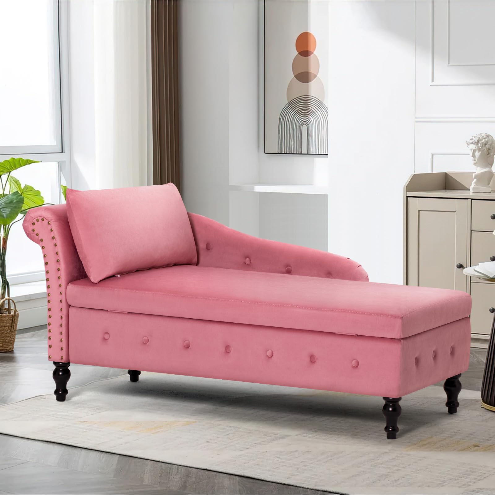 Upholstered Velvet Chaise Lounge with Left Armrest & Storage Space,Button Tufted Lounge Chair w/Lumbar Pillow,Modern Lounge Chair for Bedroom, Living Room and Office,Pink