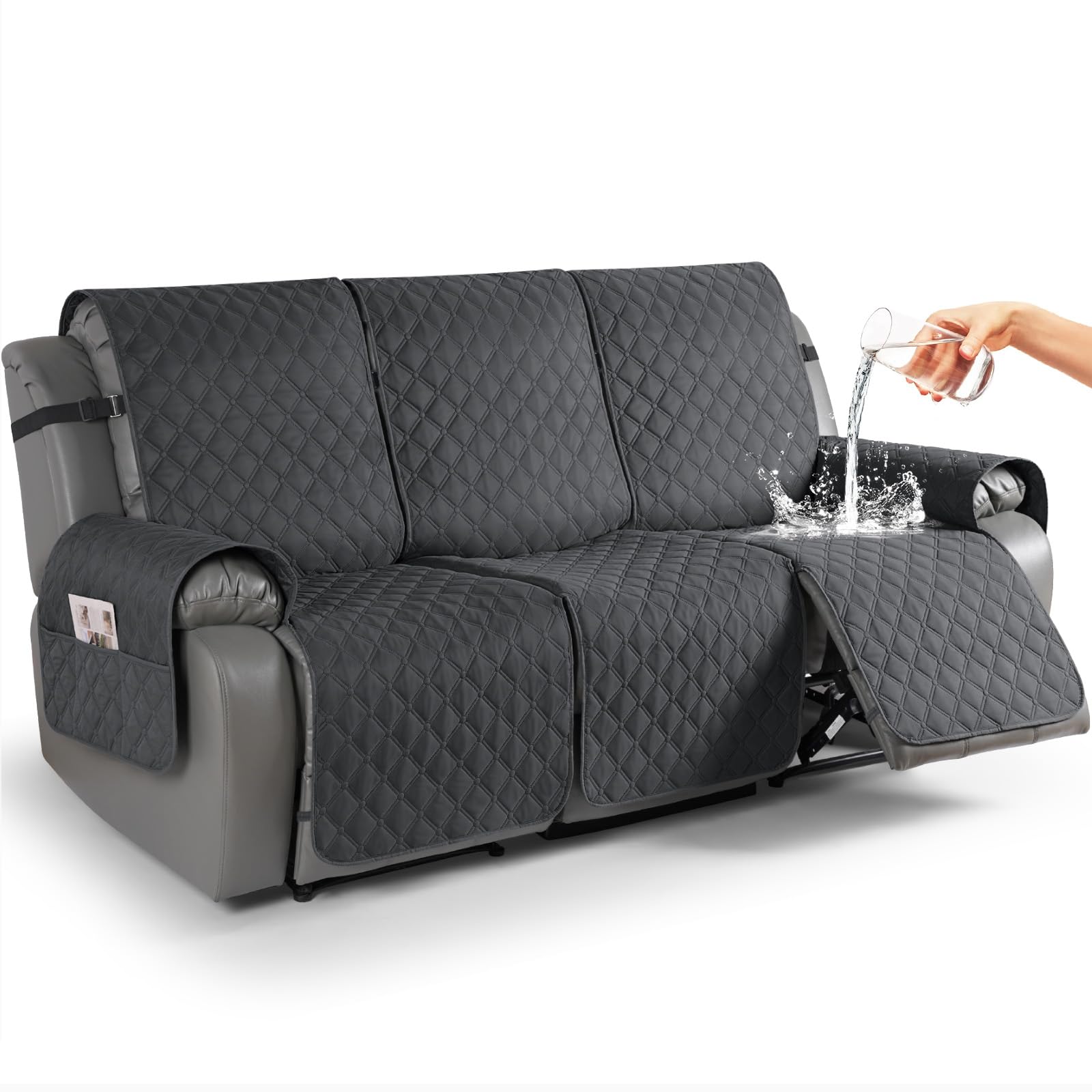 TAOCOCO Recliner Sofa Covers, 100% Waterproof Recliner Covers with Leg Straps, Reversible Recliner Couch Cover for Reclining Chair, Washable Couch Protector for Pets Kids(3 Seater, Charcoal Gray)