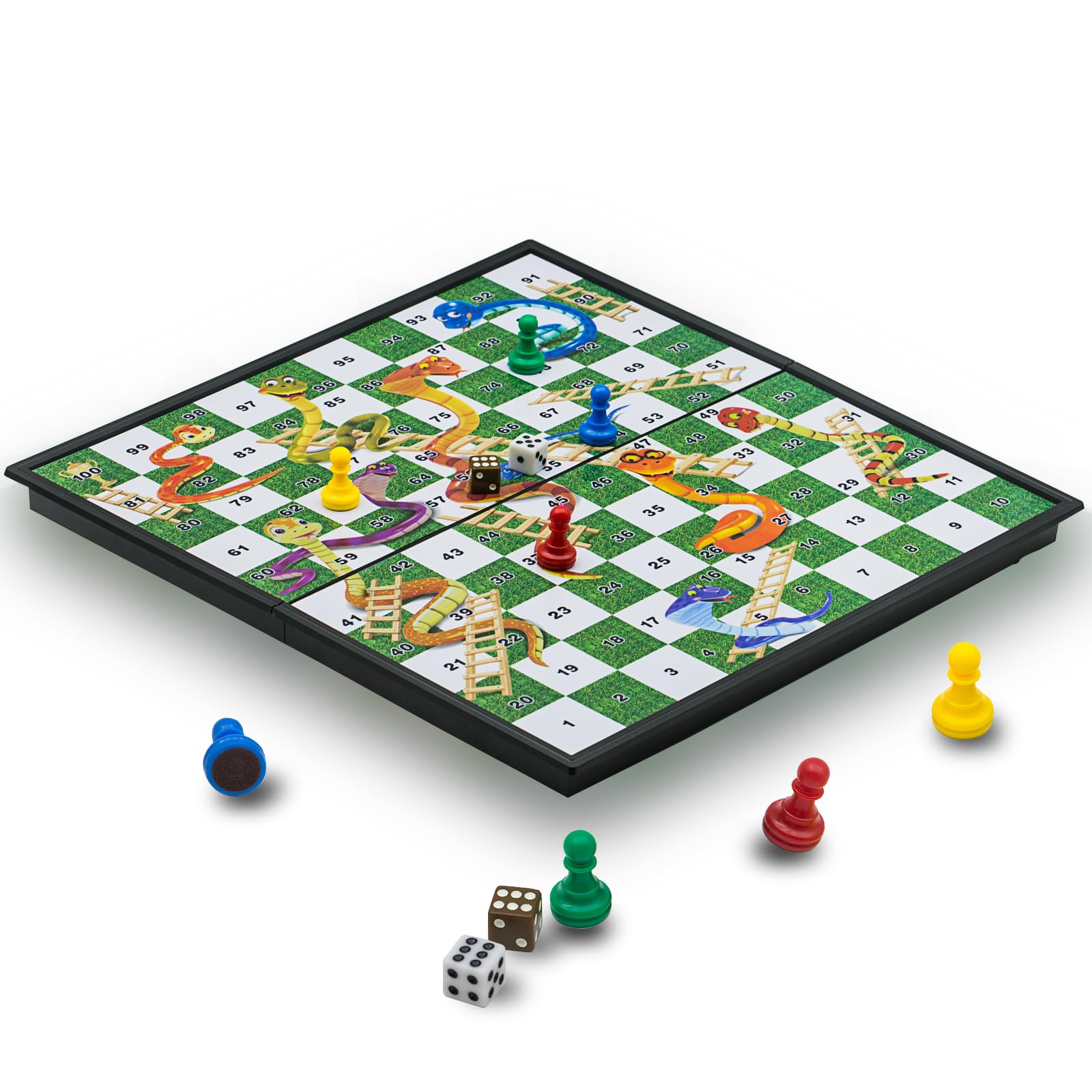 KOKOSUN Snakes and Ladders Board Game Set -32 Centimeters, Magnetic Folding Travel Board Game for Kids, Multi-color
