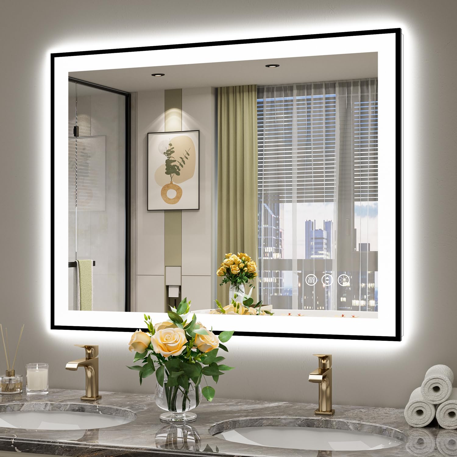 40x32 LED Bathroom Mirror with Lights, Black Framed Lighted Mirror