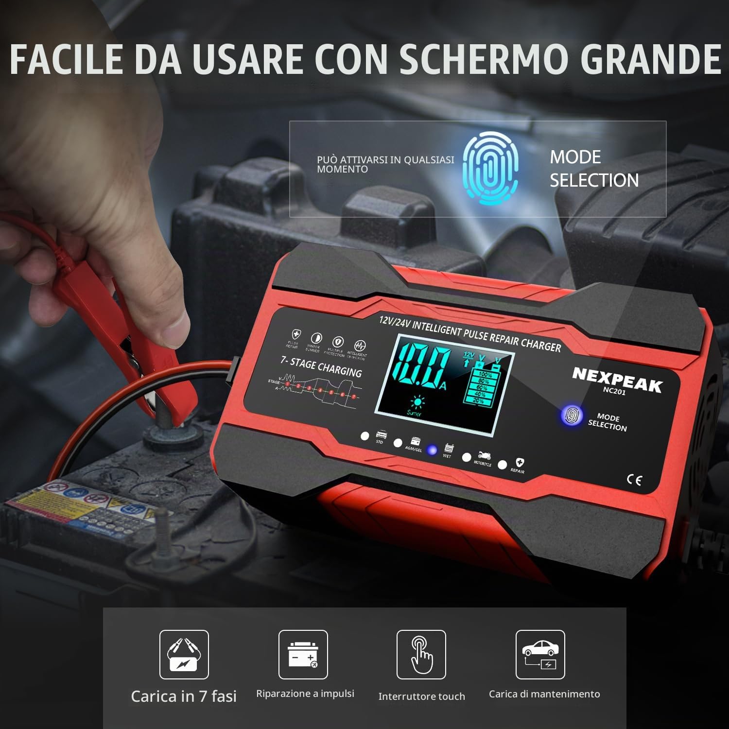 Carica Batterie per Auto, Caricabatteria da Auto 12V / 24V 10A Multi Protezioni Caricabatteria e Mantenitore,Intelligente Touch Schermo LCD Caricabatteria Completamente Automatico (Rosso) | Schermo LCD, 4 modalità, Protezioni multiple, Riparazione impulsi