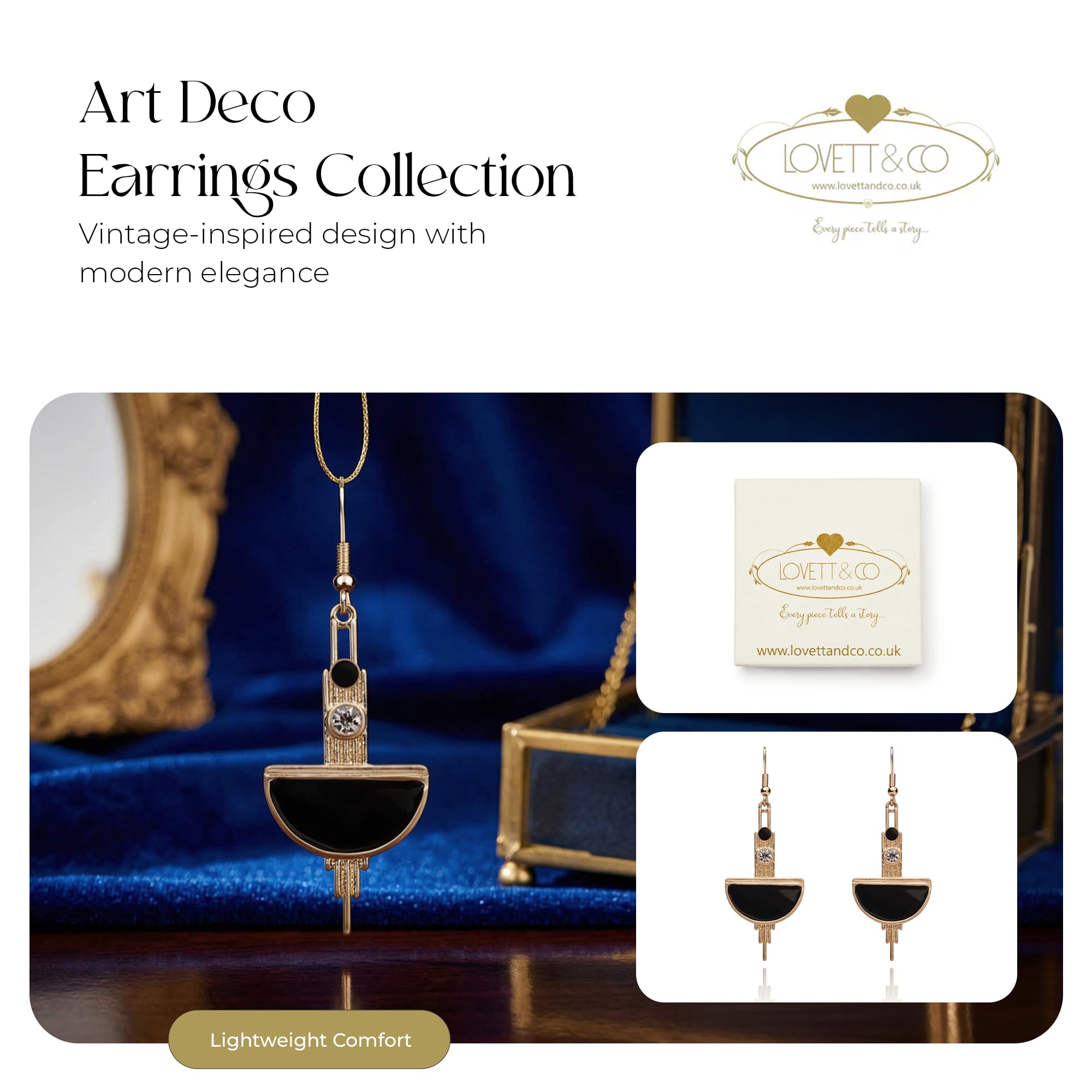 LOVETT& CO Art Deco Black Enamel Earrings - Vintage Crystal Drop Earrings, Elegant Diamante Dangle Earrings for Women, Antique Style Jewellery