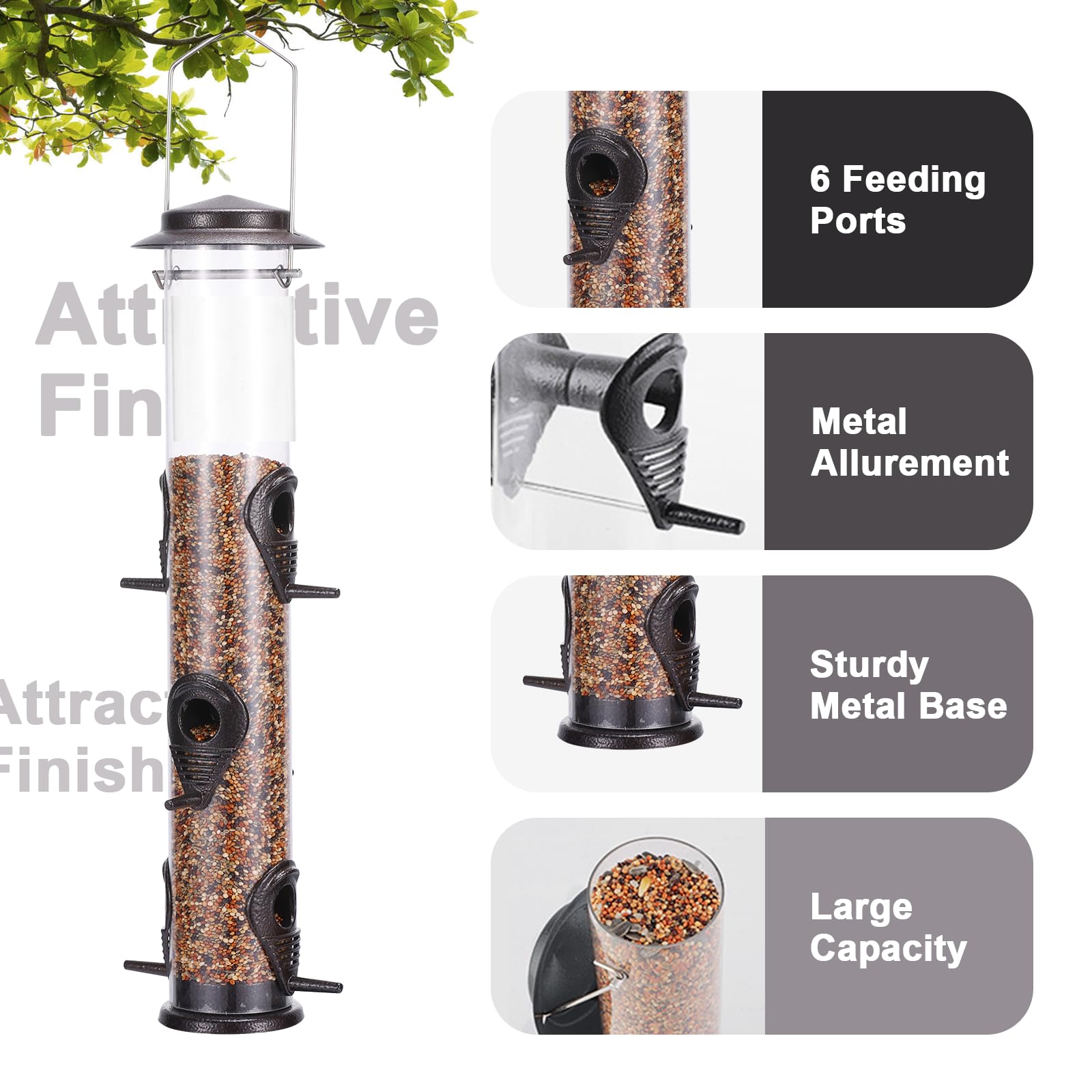 MIXXIDEA Metal Tube Bird Feeders for Outdoors Hanging Bird Feeders for Outside Wild Birds Feeder 6 Ports Hanging Bird Feeder Attract Birds in Your Lawn - Image 3