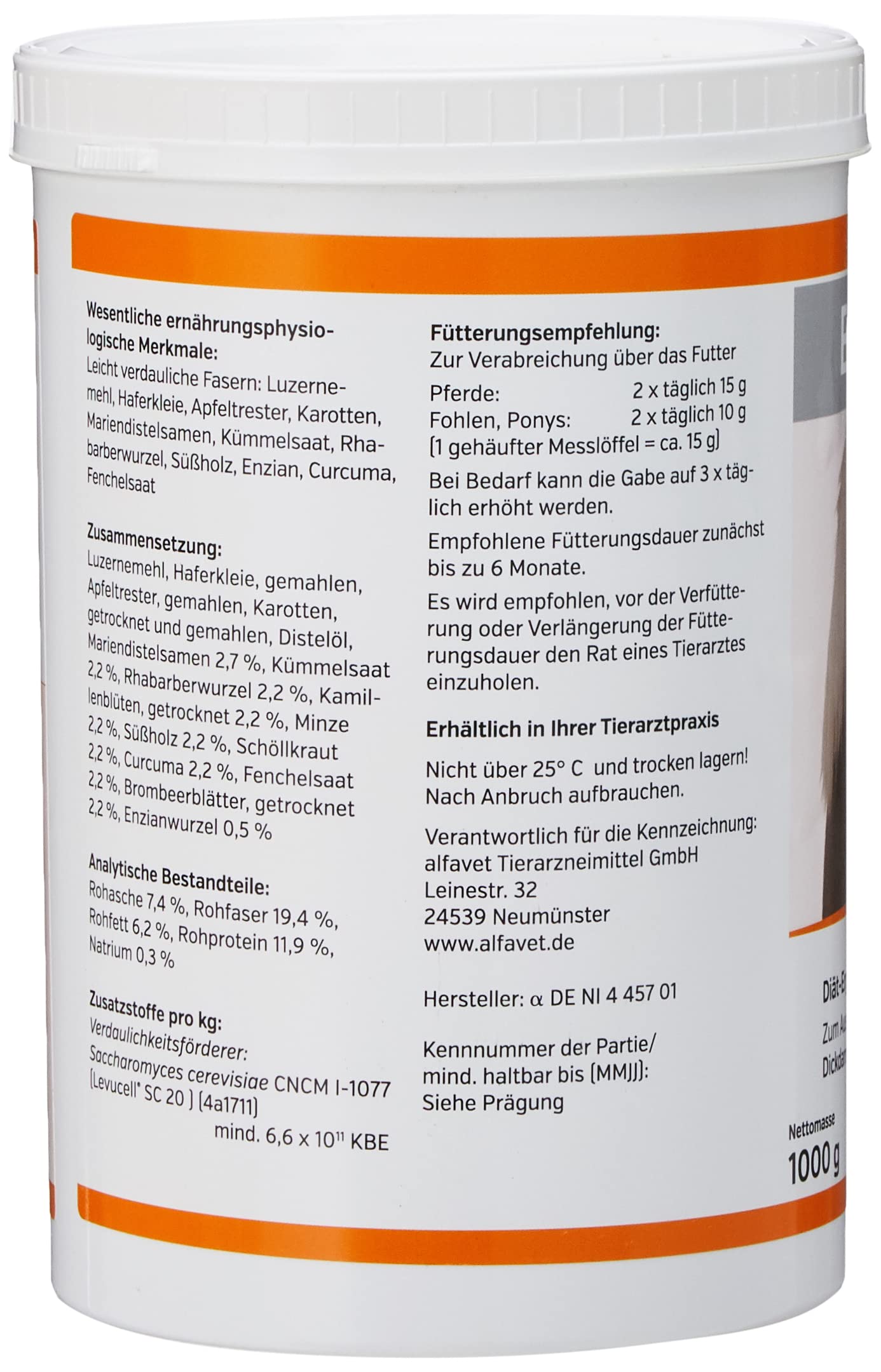 alfavet EquiDigest, zum Ausgleich bei chronischer Störung der Dickdarmfunktion, Diät-Ergänzungsfuttermittel für Pferde, 1000g Pulver