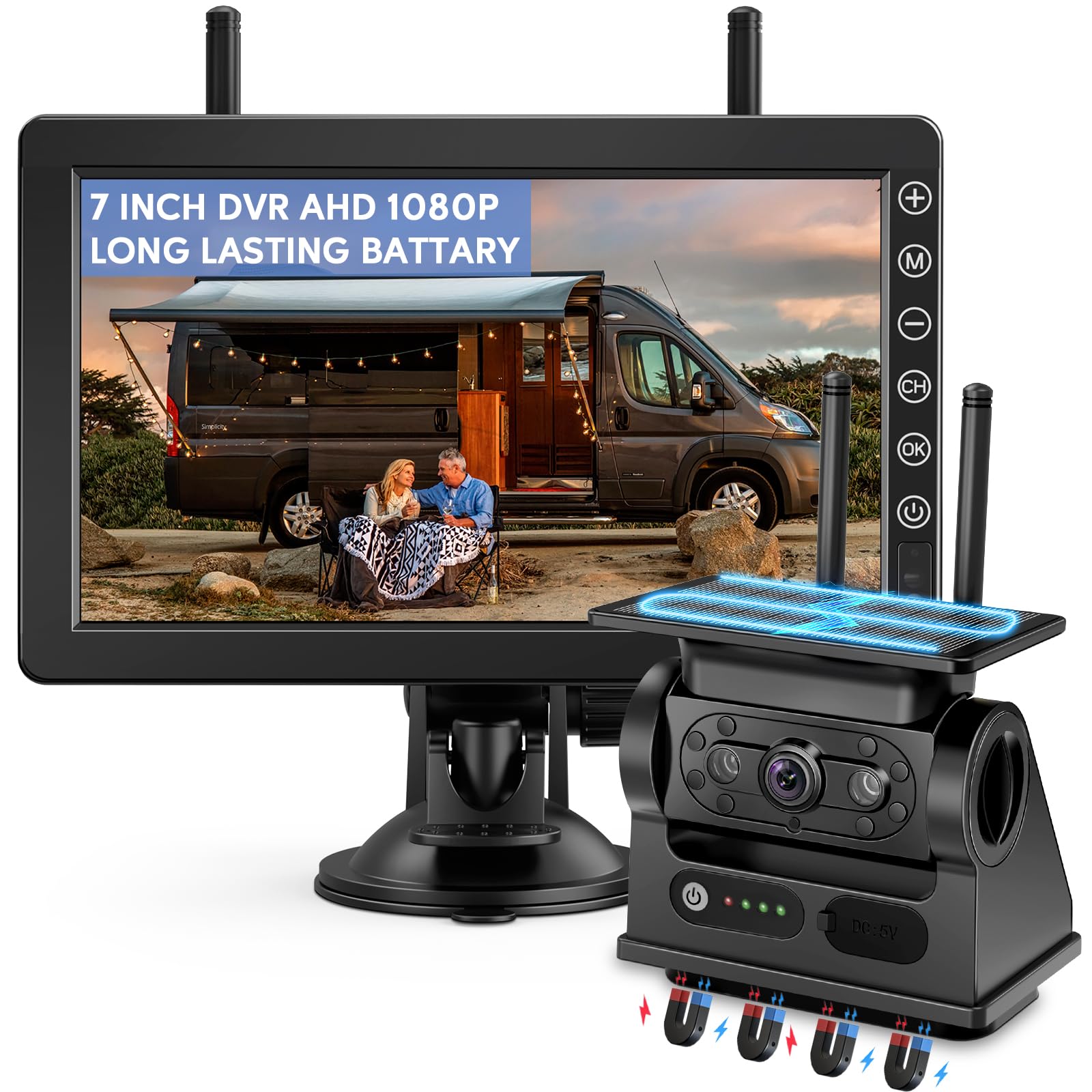 Solare Telecamera Retromarcia Wireless 7 Pollici 1080P Monitor, Magnetica Telecamera Retromarcia Ricaricabile 10000mAh Batteria, Visione Notturna, per Camion, Auto, Roulotte(VS-7B)