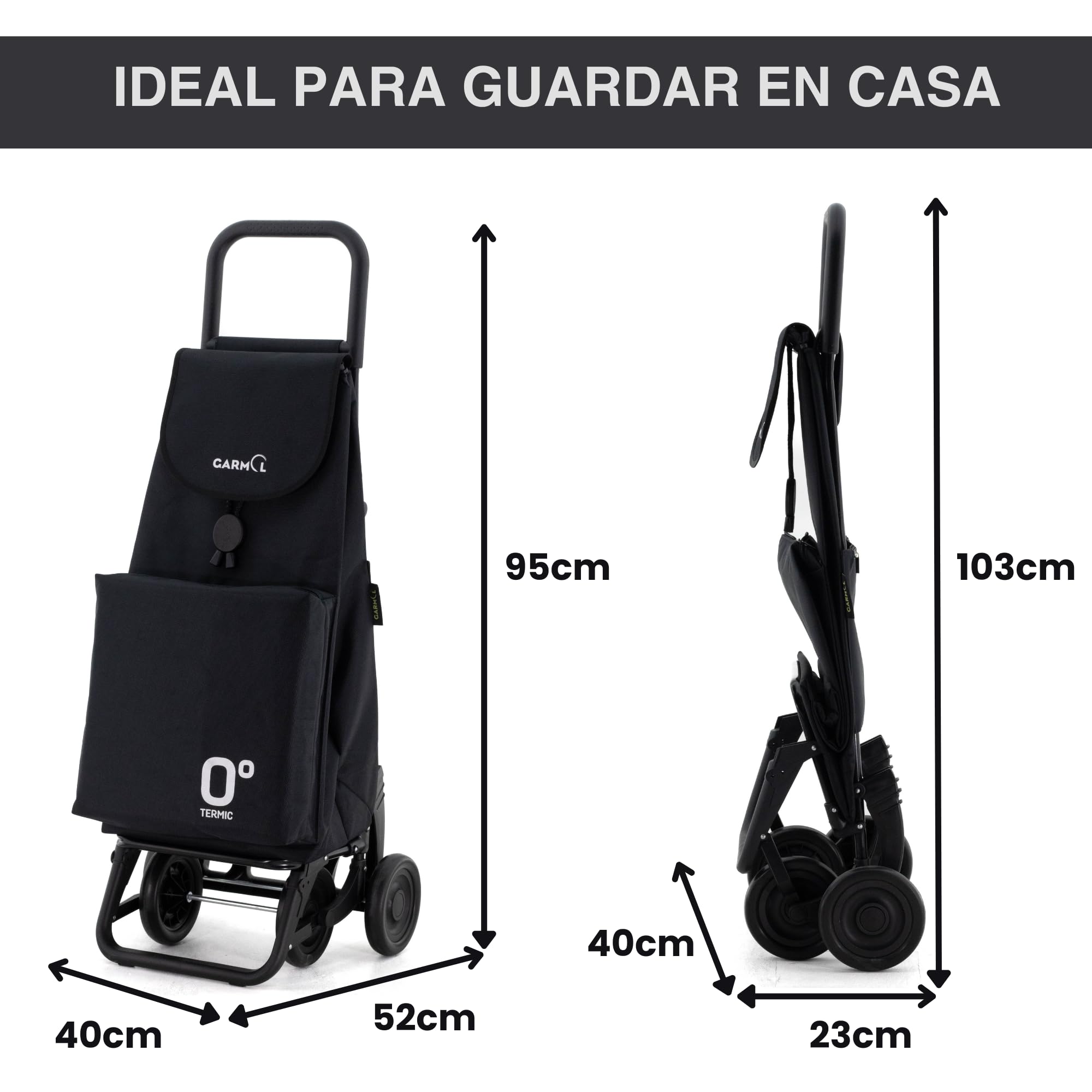 GARMOL Carro de la Compra Térmico Plegable 55 Litros |Bolsillo Térmico Interior de 11 Litros | Carro de la Compra 4 Ruedas Gran Capacidad | Carrito Compra Plegable Color Negro