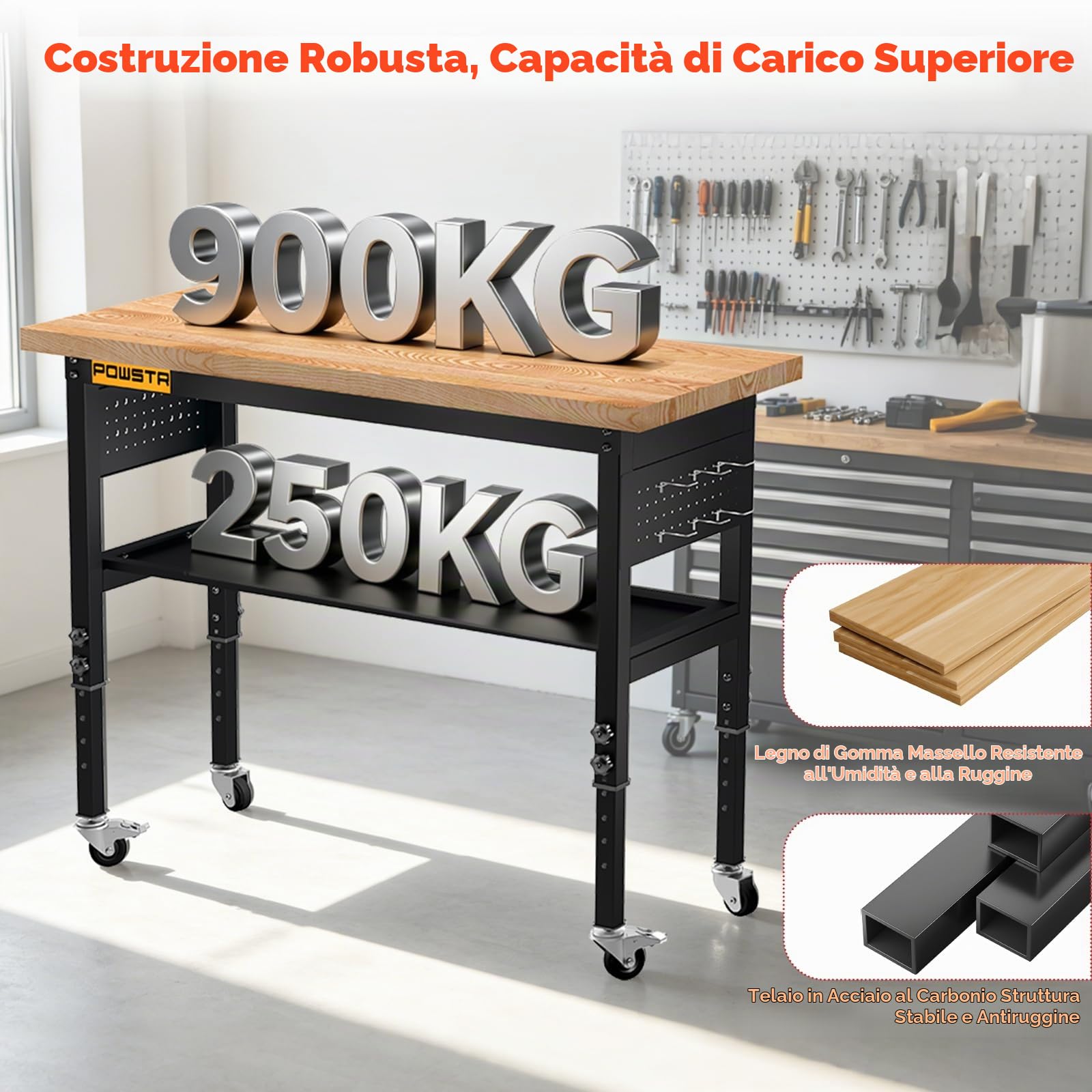 Banco da lavoro da 120 cm, tavolo da lavoro a 2 ripiani, portata 900 kg | 5 altezze regolabili, con pannello forato, ruote girevoli e 6 ganci per garage/officina/ufficio/casa/uso commerciale
