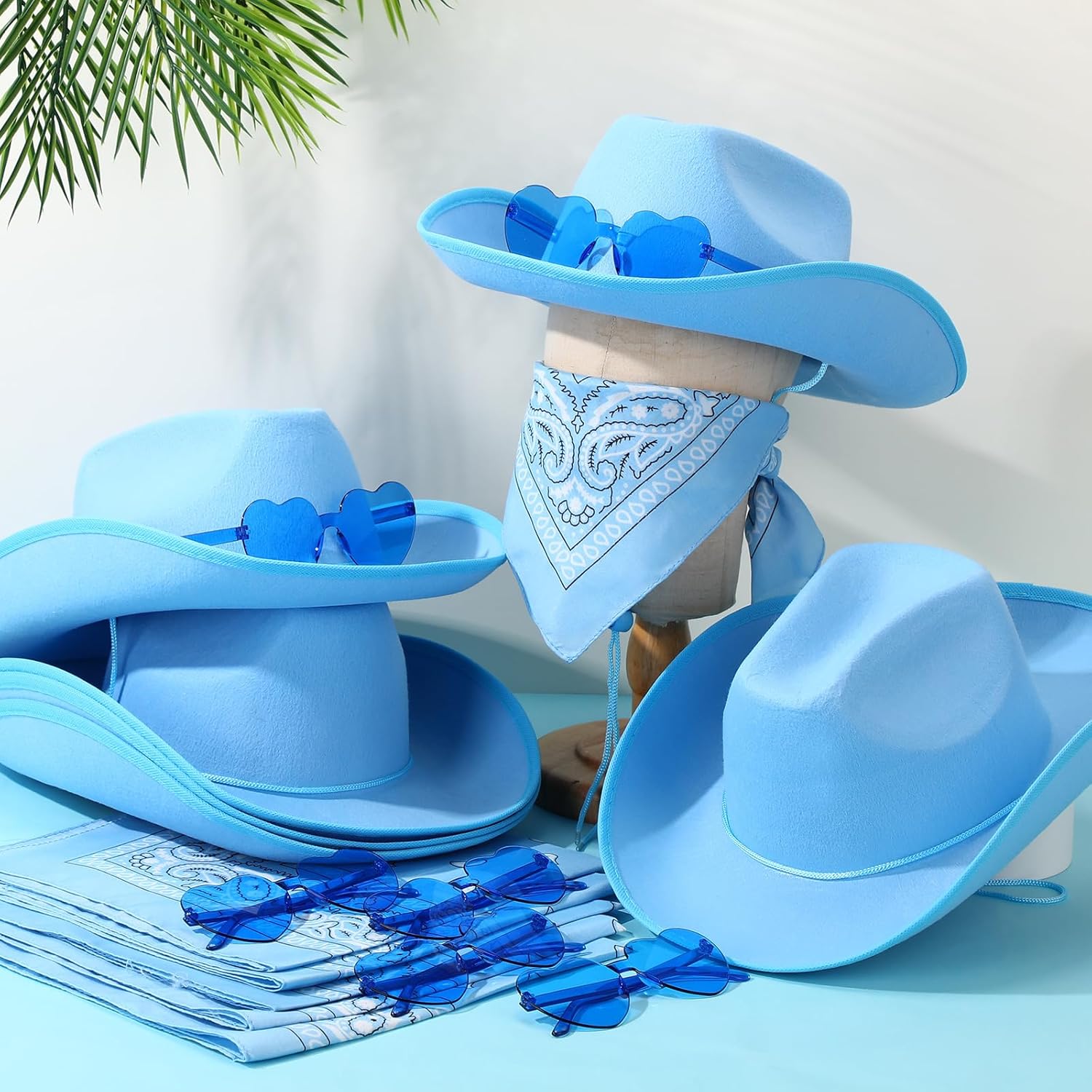 Coume 18 Pcs Cowboy Hat with Heart Sunglasses and Paisley Bandanas Western Cowgirl Hat for Cosplay Costume Adults(Sky Blue,Simple Style)