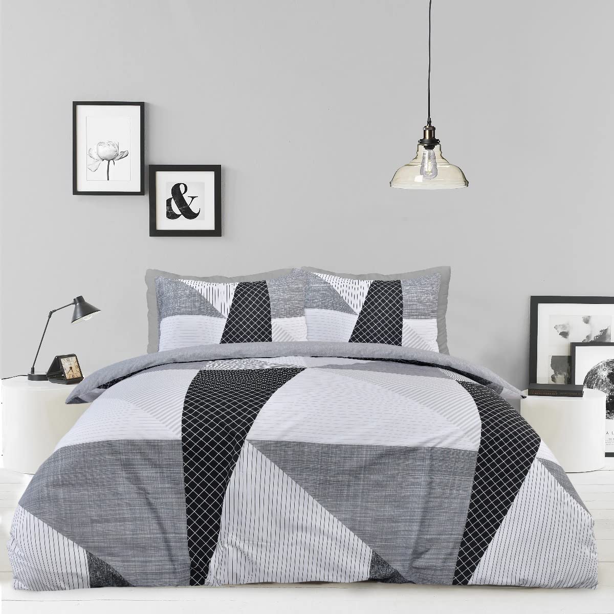 SleepdownSplice Geometric Mono Black White Soft Easy Care Duvet Cover Quilt Bedding Set with Pillowcase - Single (135cm x 200cm)