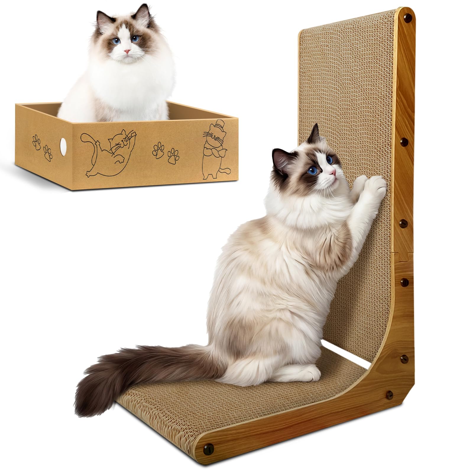AGYM Cat Scratcher, 26 inch L Shape Cat Scratching Pad for Indoor Cats, Durable Sustainable Cardboard Scratcher with Box, Recyclable Vertical Cat Scratch Pad to Protect Furniture, Large