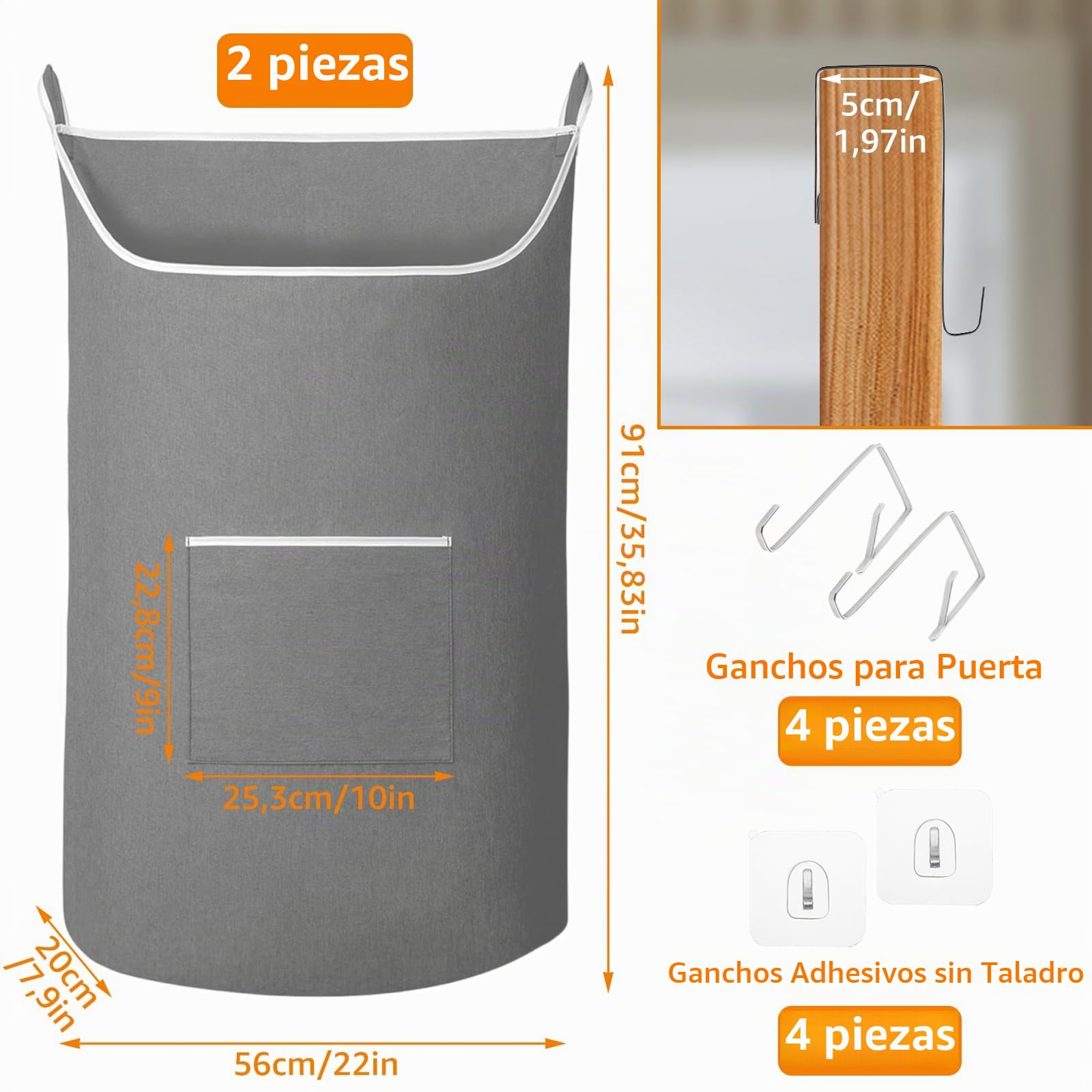 YAYODS 2 unidades de bolsas de lavandería para colgar, 91 x 56 cm, cesta para la colada colgante, cesta para la colada en la pared, color gris, bolsas de lavandería grandes, para colgar la puerta