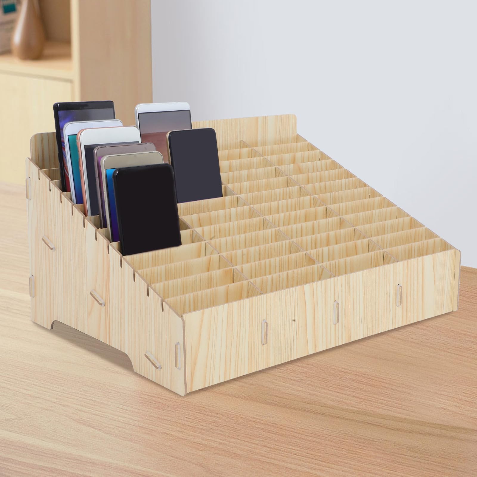 YARNOW Soporte para Teléfono Celular de Madera 48 Rejillas Multigrid, Organizador Compacto para Oficina, Aula y Sala de Reuniones Beige