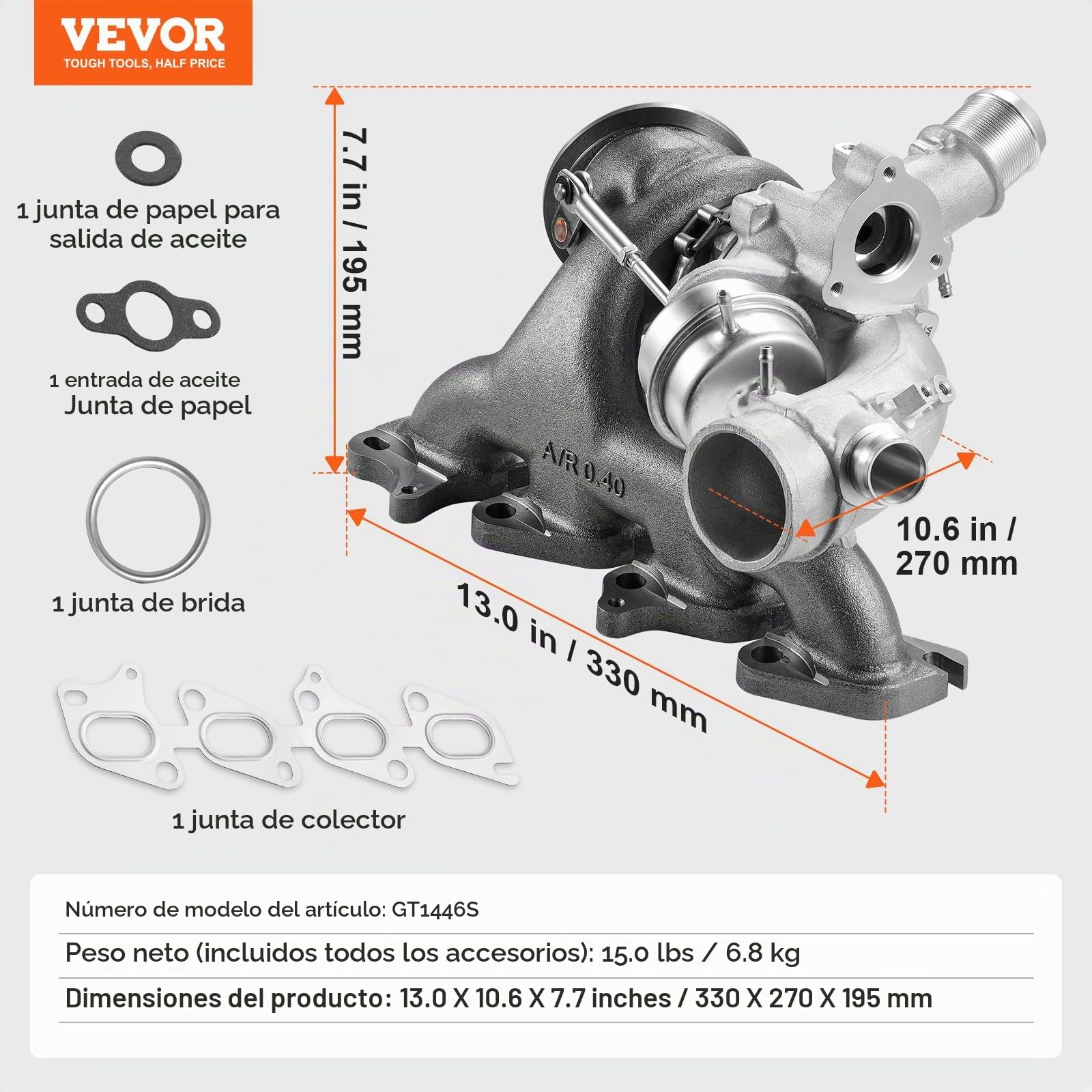 VEVOR Turbo con Kit Juntas, Turbocompresor a Motores de Automóviles, Compatible con Chevy Chevrolet Cruze 2011-2019, 1.4T, 781504-5001S, 781504-0005, 55565353, 781504-0001, 860156, 330 x 270 x 195 mm