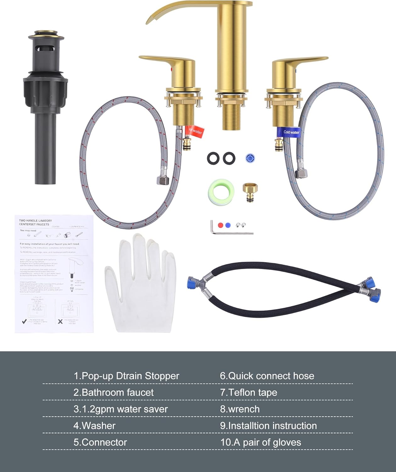 WOWOW Waterfall Bathroom Faucet 3 Holes 8Inch Widespread Bathroom Sink Faucet, Two Handles Lavatory Vanity Sink Faucets with Pop-up Drain & Supply Hoses, Modern Faucet Mixer Taps Gold