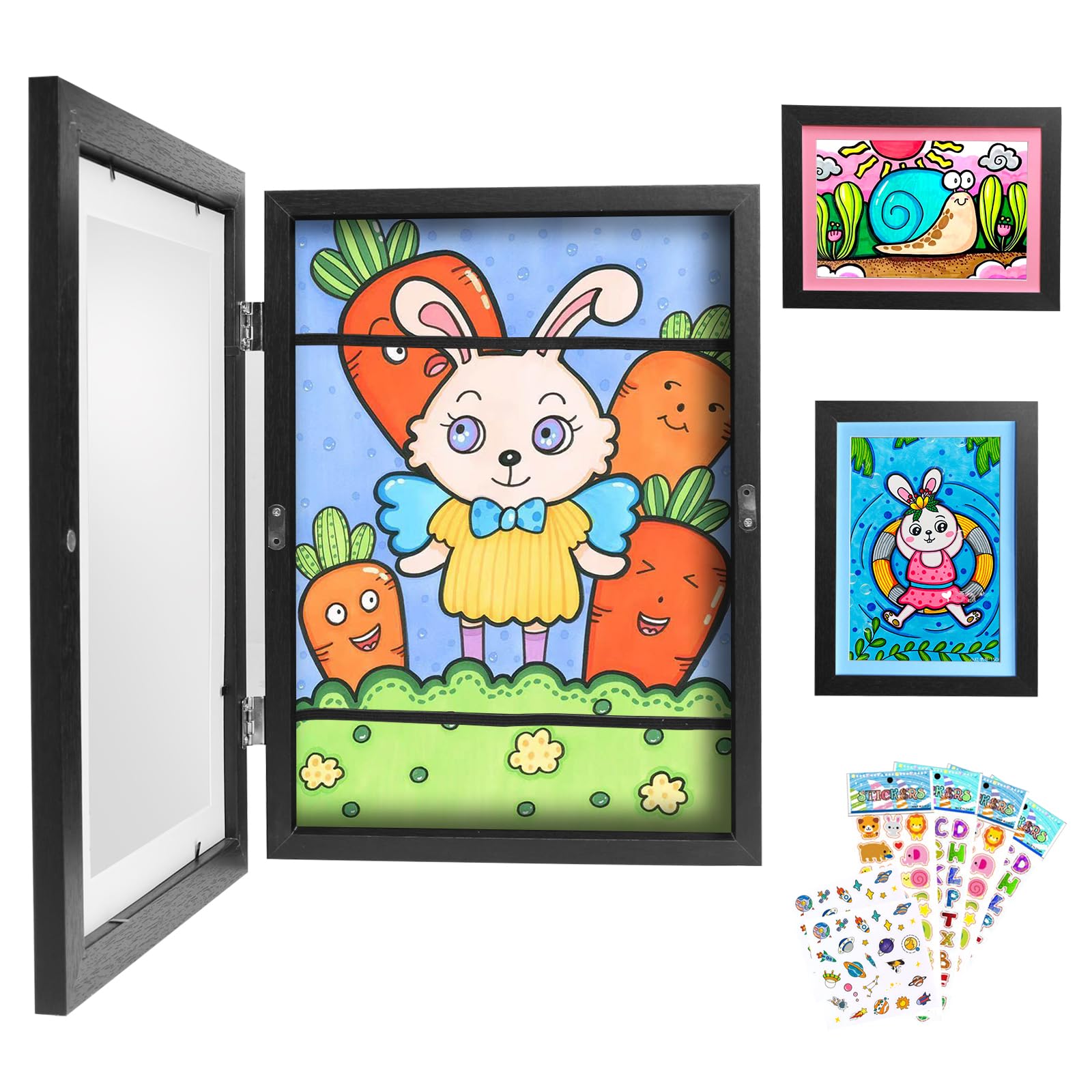 TaoAcc Marco Para Dibujos Niños, Marco Dibujos Infantiles Apertura Frontal A4, Marco de Madera Exhibición y Almacenamiento de Obras de Arte, Tiene Capacidad para 150 Fotos (Negro)