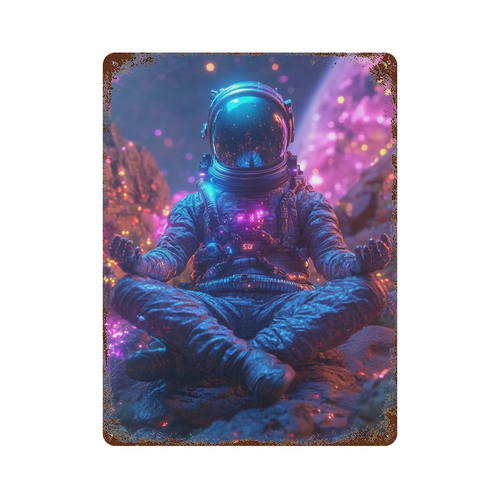 Rusty Metal Tin Sign with Space Astronaut in Meditation Pose Design 15.7"x11.8", for Shed, Workshop And Garage Wall Decor, Classic Wall Plaque