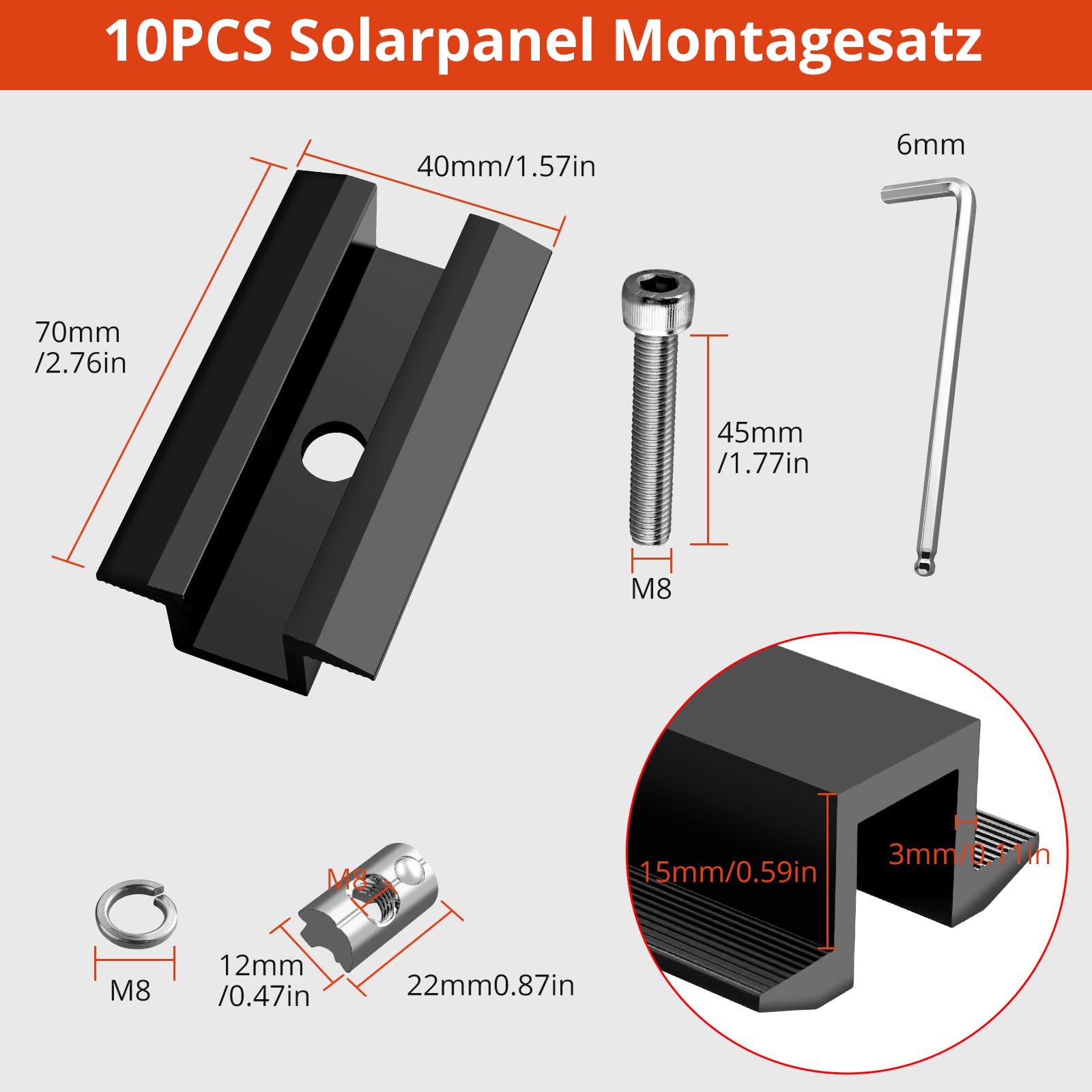 GETLITOOL Akcesoria do szyny montażowej PV, 20 szt. aluminiowy zacisk środkowy fotowoltaiczne panele słoneczne